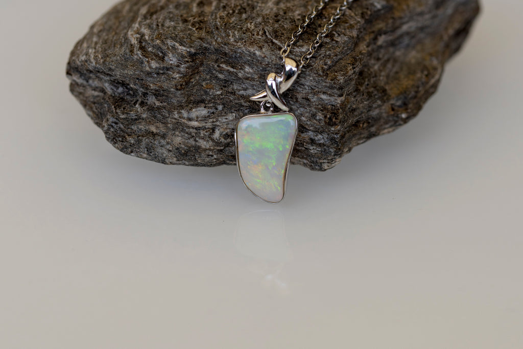 Australian Crystal Opal Jewelry - Genuine Authentic Multi Color Fire Opal Necklace - Solid Opal Gem Stone Pendant in Sterling Silver White Gold Plated