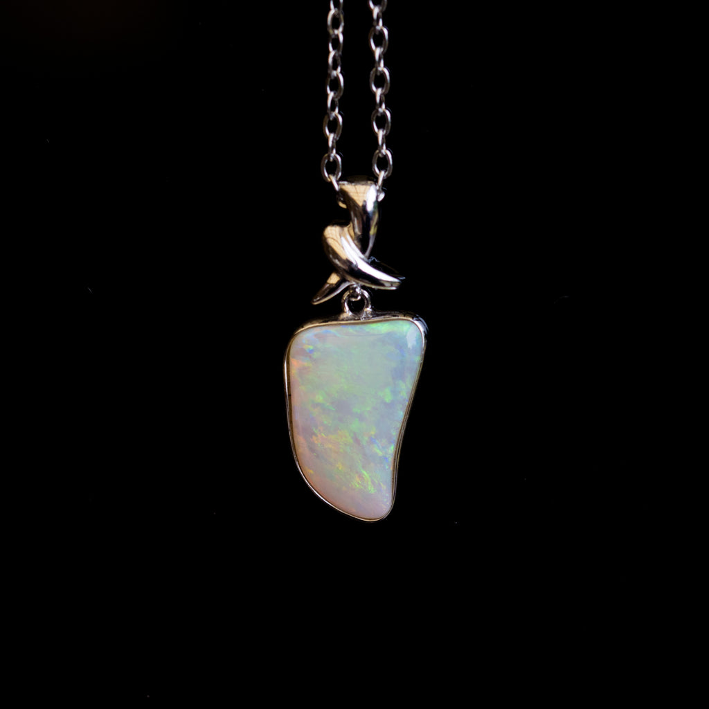 Australian Crystal Opal Jewelry - Genuine Authentic Multi Color Fire Opal Necklace - Solid Opal Gem Stone Pendant in Sterling Silver White Gold Plated