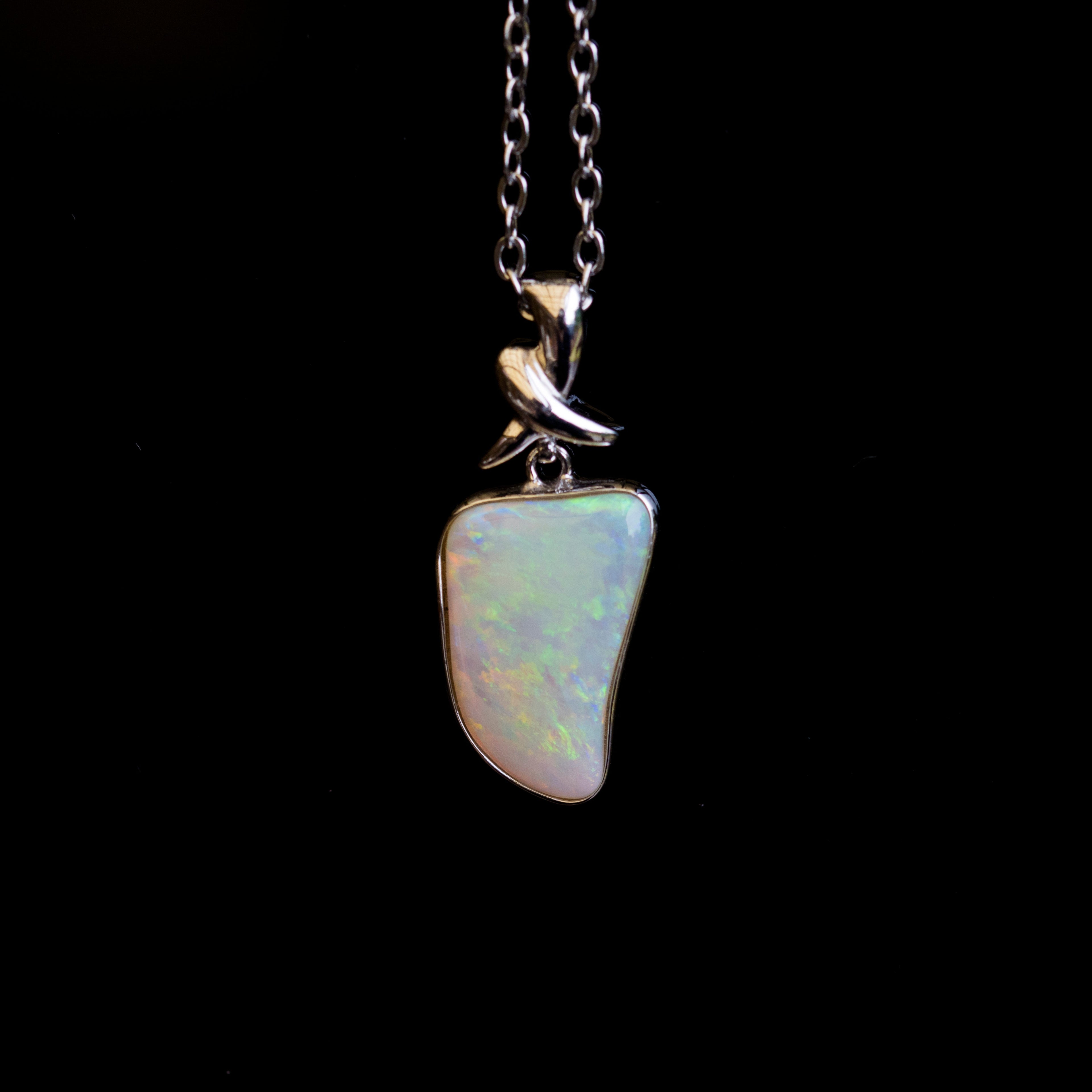 Australian Crystal Opal Jewelry - Genuine Authentic Multi Color Fire Opal Necklace - Solid Opal Gem Stone Pendant in Sterling Silver White Gold Plated