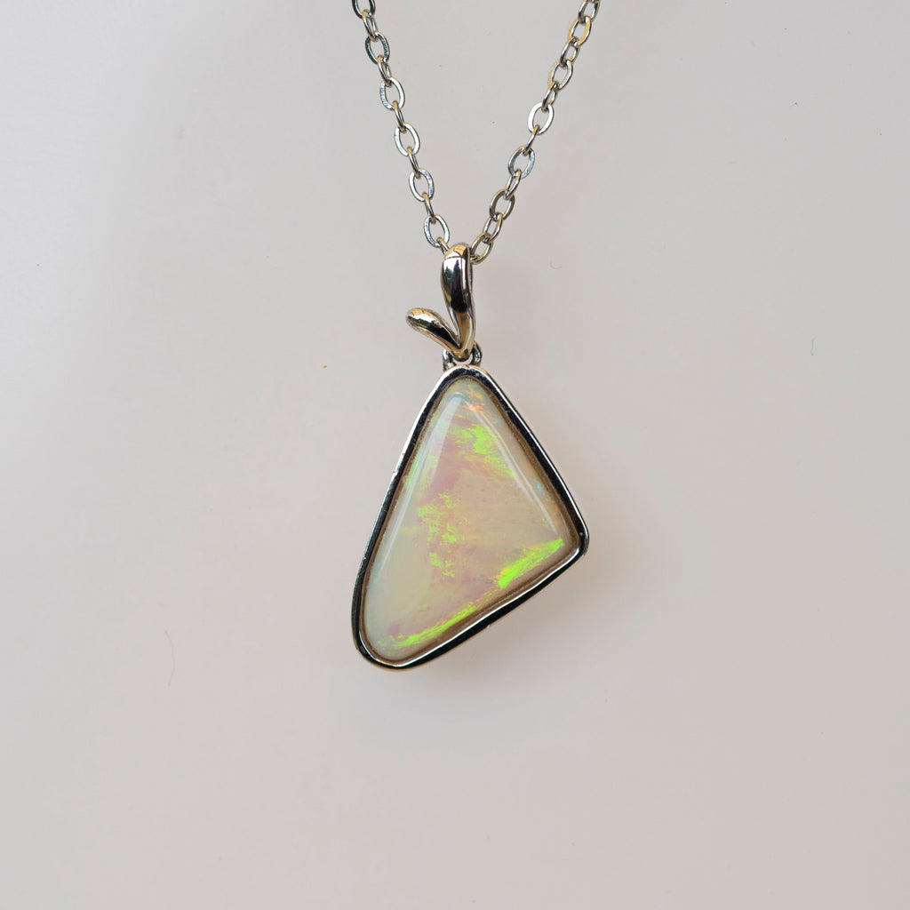 Australian Natural Crystal Opal - Genuine Authentic Multi Color Fire Opal Necklace - Solid Opal Gem Stone Pendant in Sterling Silver White Gold Plated