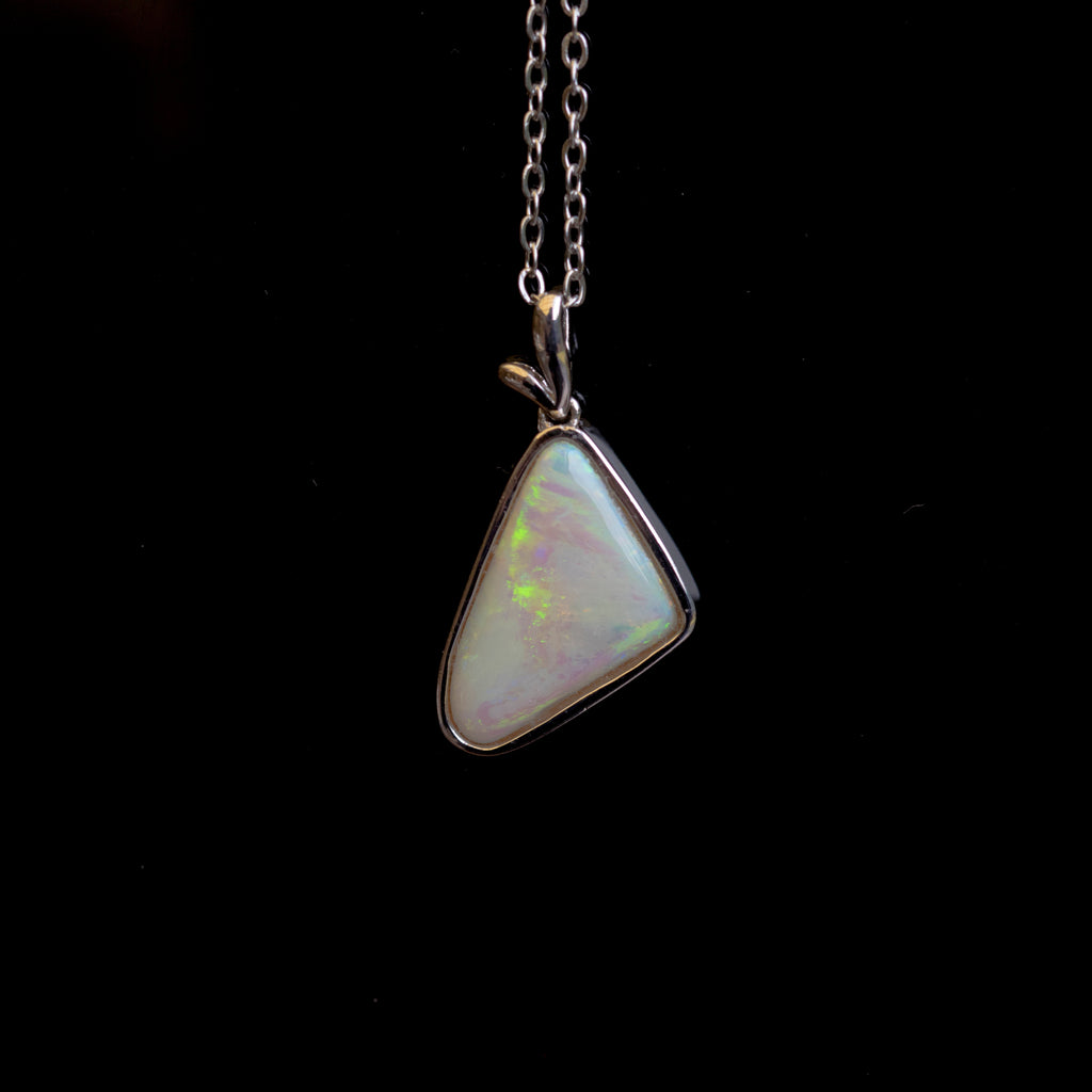 Australian Natural Crystal Opal - Genuine Authentic Multi Color Fire Opal Necklace - Solid Opal Gem Stone Pendant in Sterling Silver White Gold Plated