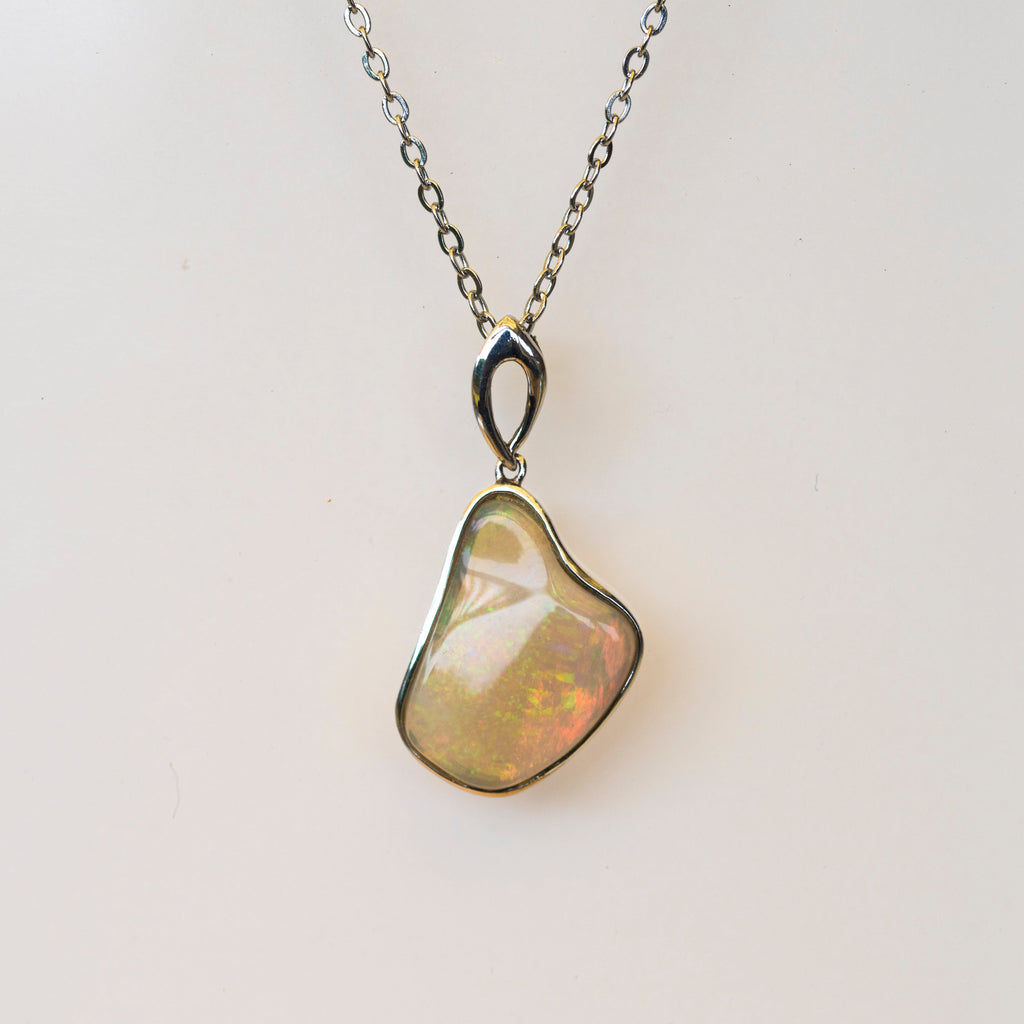 Australian Crystal Opal Necklace Pendant - Genuine Authentic Multi Color Fire Opal - Solid Opal Gem Stone Necklace in Sterling Silver White Gold Plated