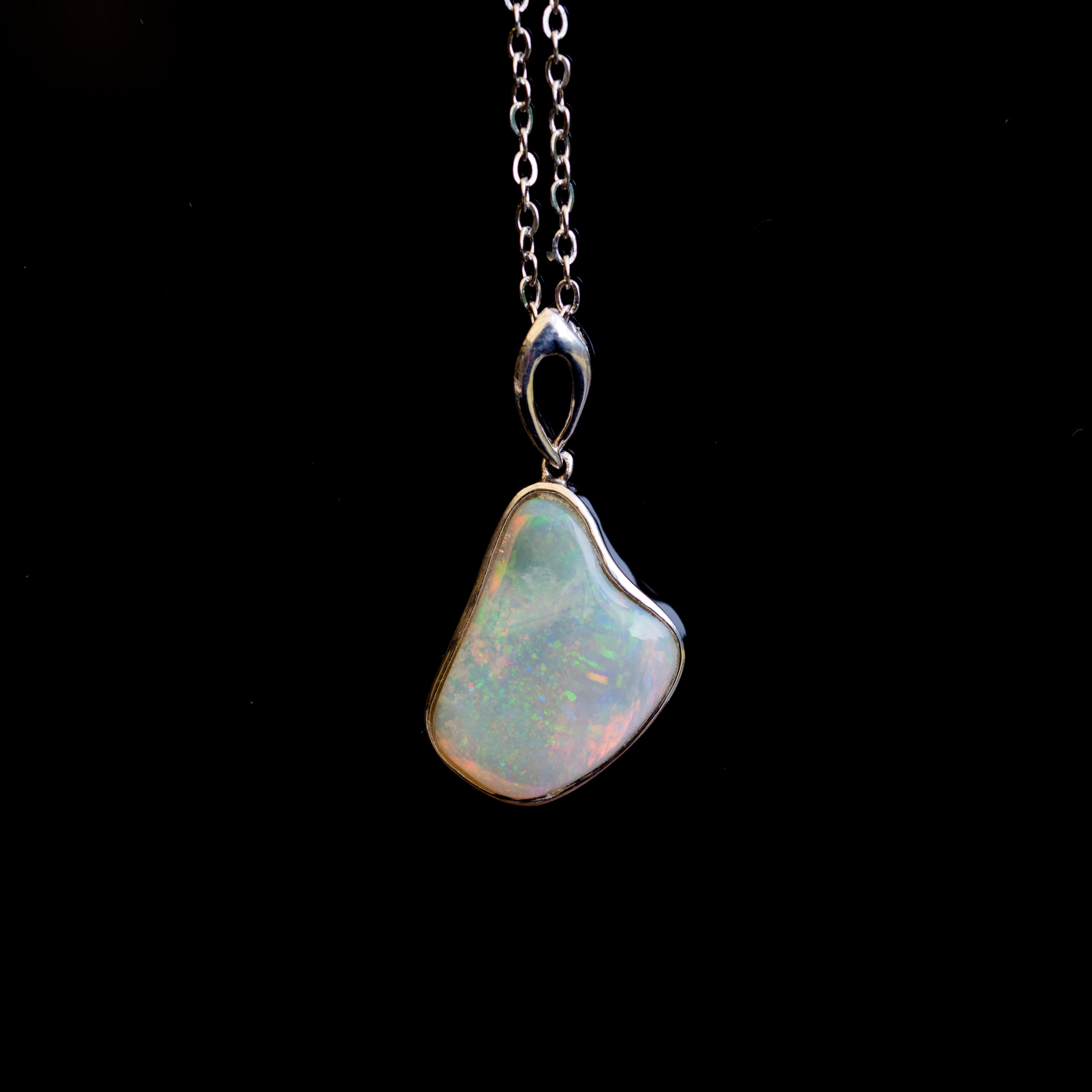 Australian Crystal Opal Necklace Pendant - Genuine Authentic Multi Color Fire Opal - Solid Opal Gem Stone Necklace in Sterling Silver White Gold Plated