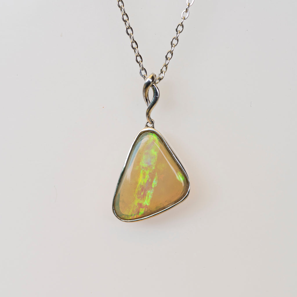 Natural Australian Crystal Opal - Genuine Authentic Multi Color Fire Opal Necklace - Solid Opal Gem Stone Pendant in Sterling Silver White Gold Plated