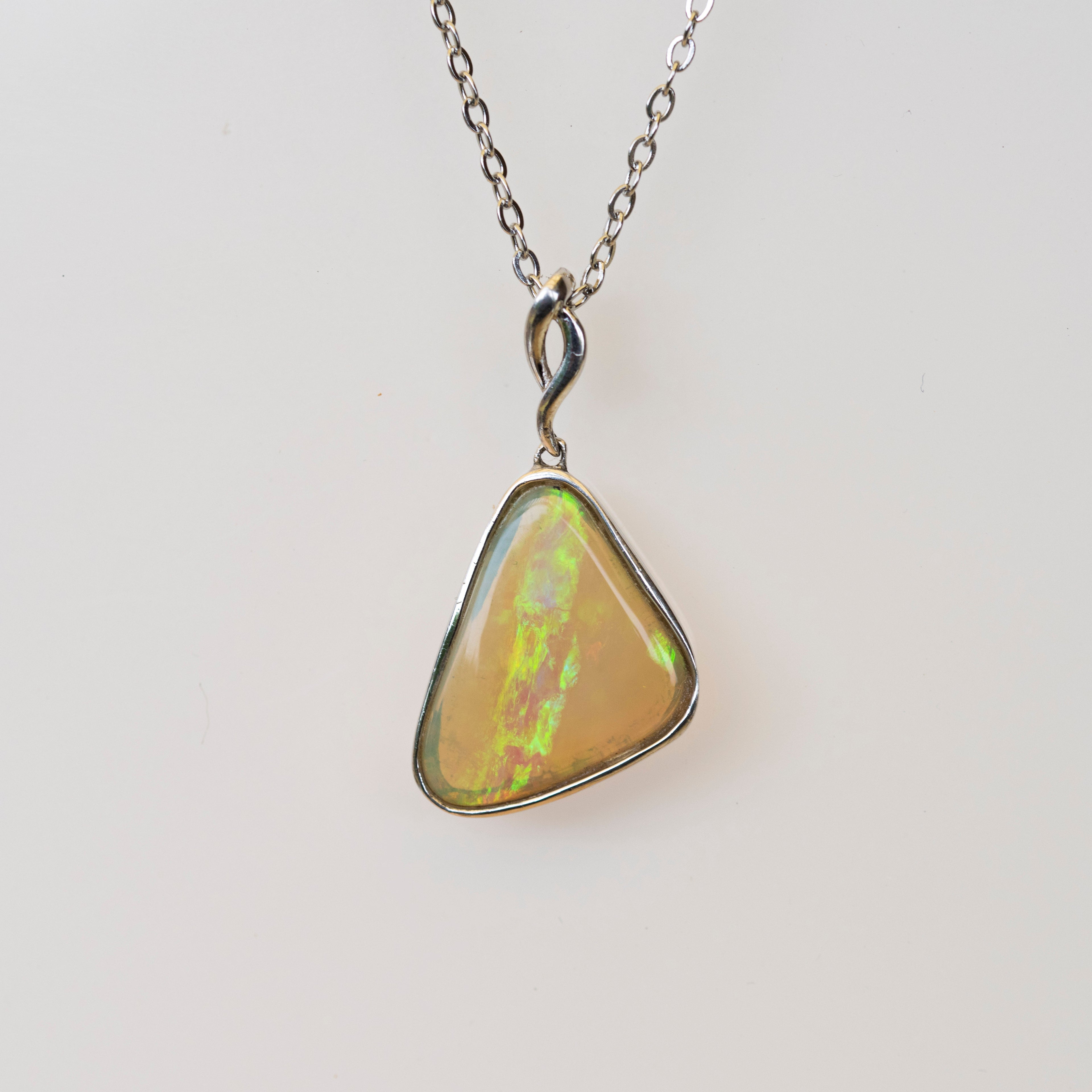 Natural Australian Crystal Opal - Genuine Authentic Multi Color Fire Opal Necklace - Solid Opal Gem Stone Pendant in Sterling Silver White Gold Plated