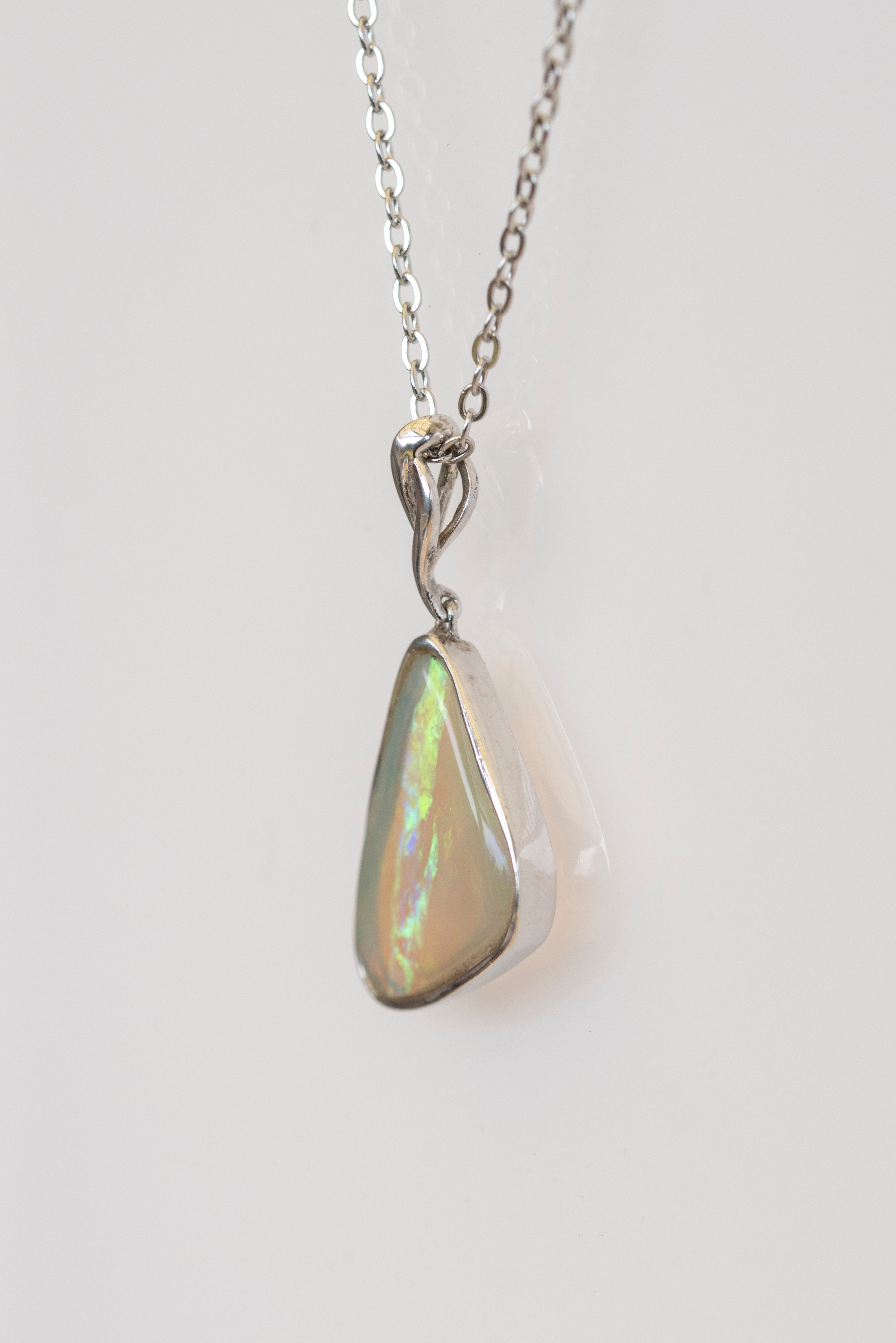 Natural Australian Crystal Opal - Genuine Authentic Multi Color Fire Opal Necklace - Solid Opal Gem Stone Pendant in Sterling Silver White Gold Plated