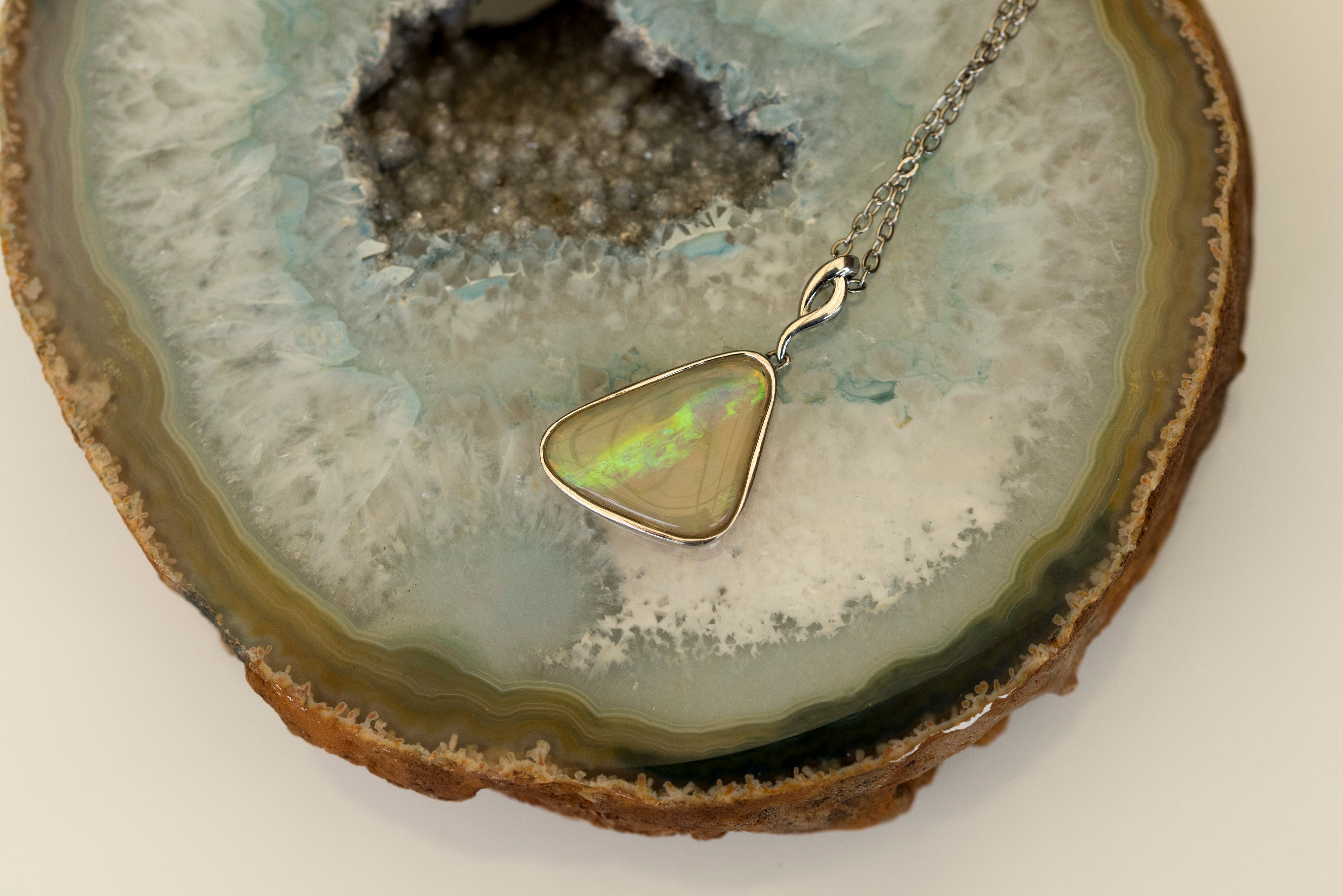 Natural Australian Crystal Opal - Genuine Authentic Multi Color Fire Opal Necklace - Solid Opal Gem Stone Pendant in Sterling Silver White Gold Plated