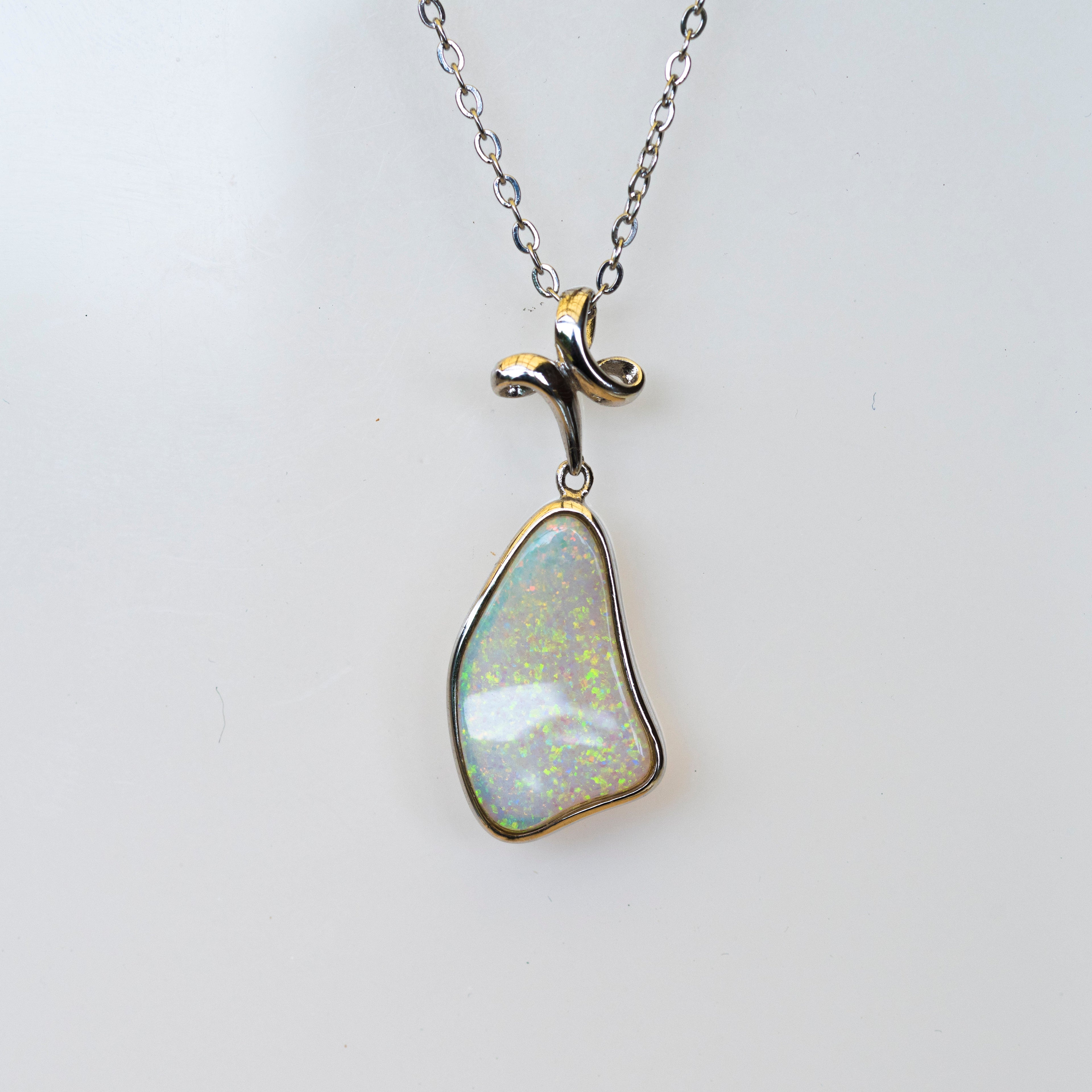 Australian Crystal Opal Jewelry - Handmade Genuine Authentic Multi Color Fire Opal Necklace - Solid Opal Gem Stone Pendant in Sterling Silver White Gold Plated