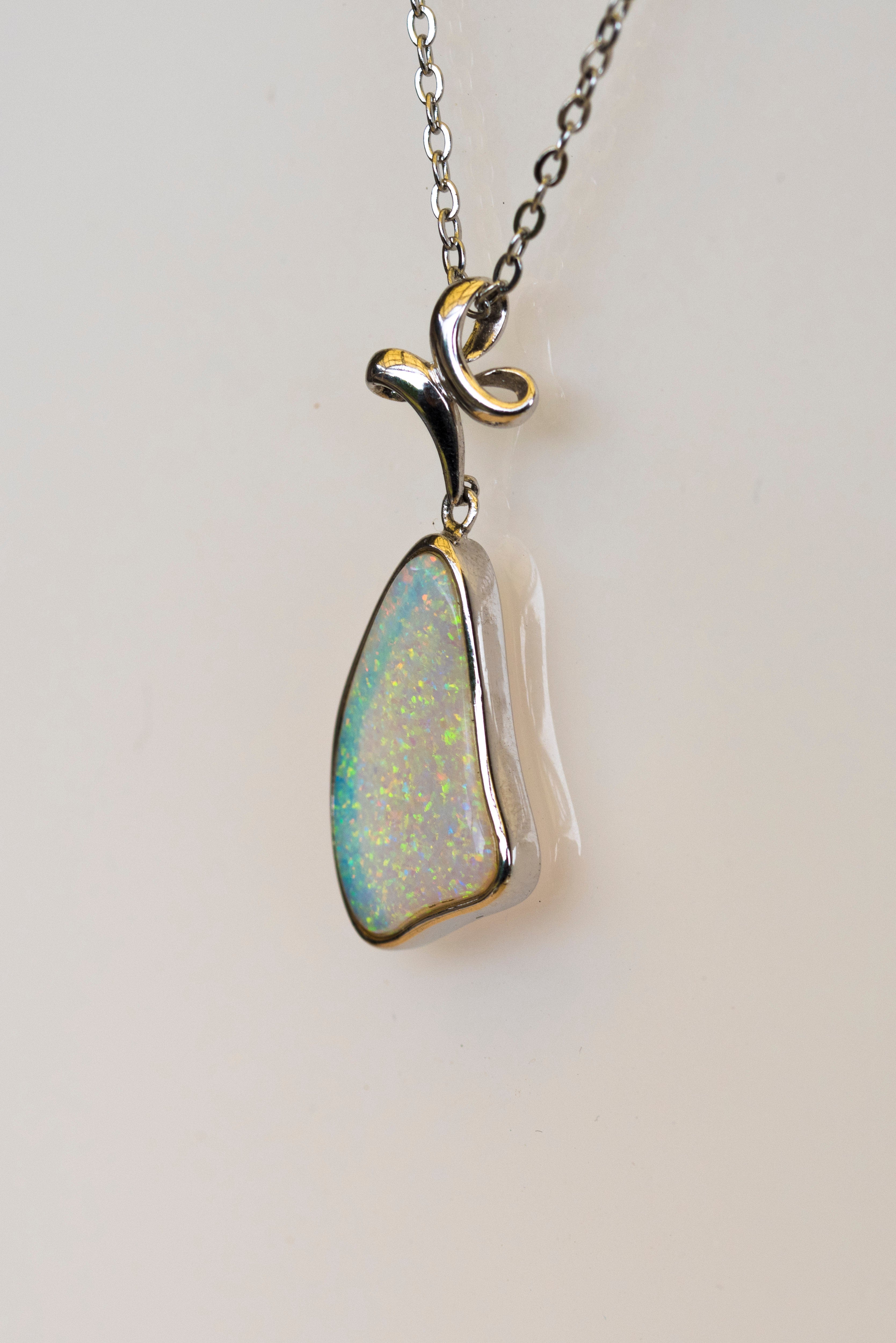 Australian Crystal Opal Jewelry - Handmade Genuine Authentic Multi Color Fire Opal Necklace - Solid Opal Gem Stone Pendant in Sterling Silver White Gold Plated