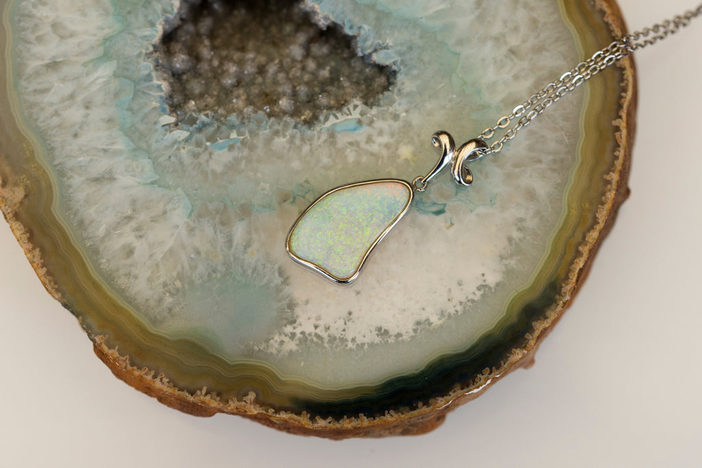 Australian Crystal Opal Jewelry - Handmade Genuine Authentic Multi Color Fire Opal Necklace - Solid Opal Gem Stone Pendant in Sterling Silver White Gold Plated