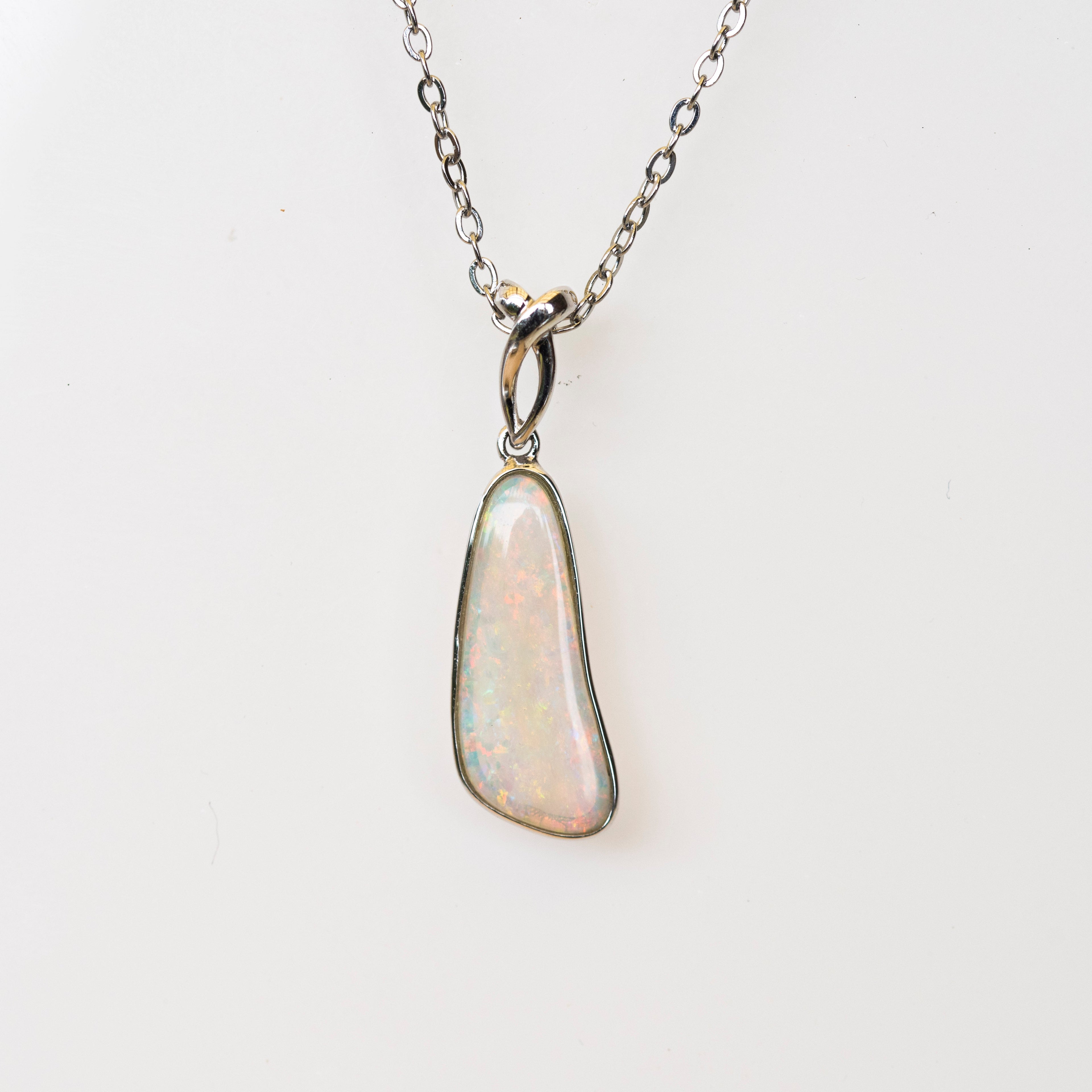 Australian Crystal Opal - Genuine Authentic Multi Color Fire Opal Necklace -  Solid Opal Gem Stone Pendant in Sterling Silver White Gold Plated