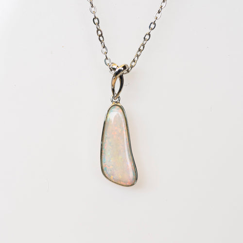 Australian Crystal Opal - Genuine Authentic Multi Color Fire Opal Necklace -  Solid Opal Gem Stone Pendant in Sterling Silver White Gold Plated