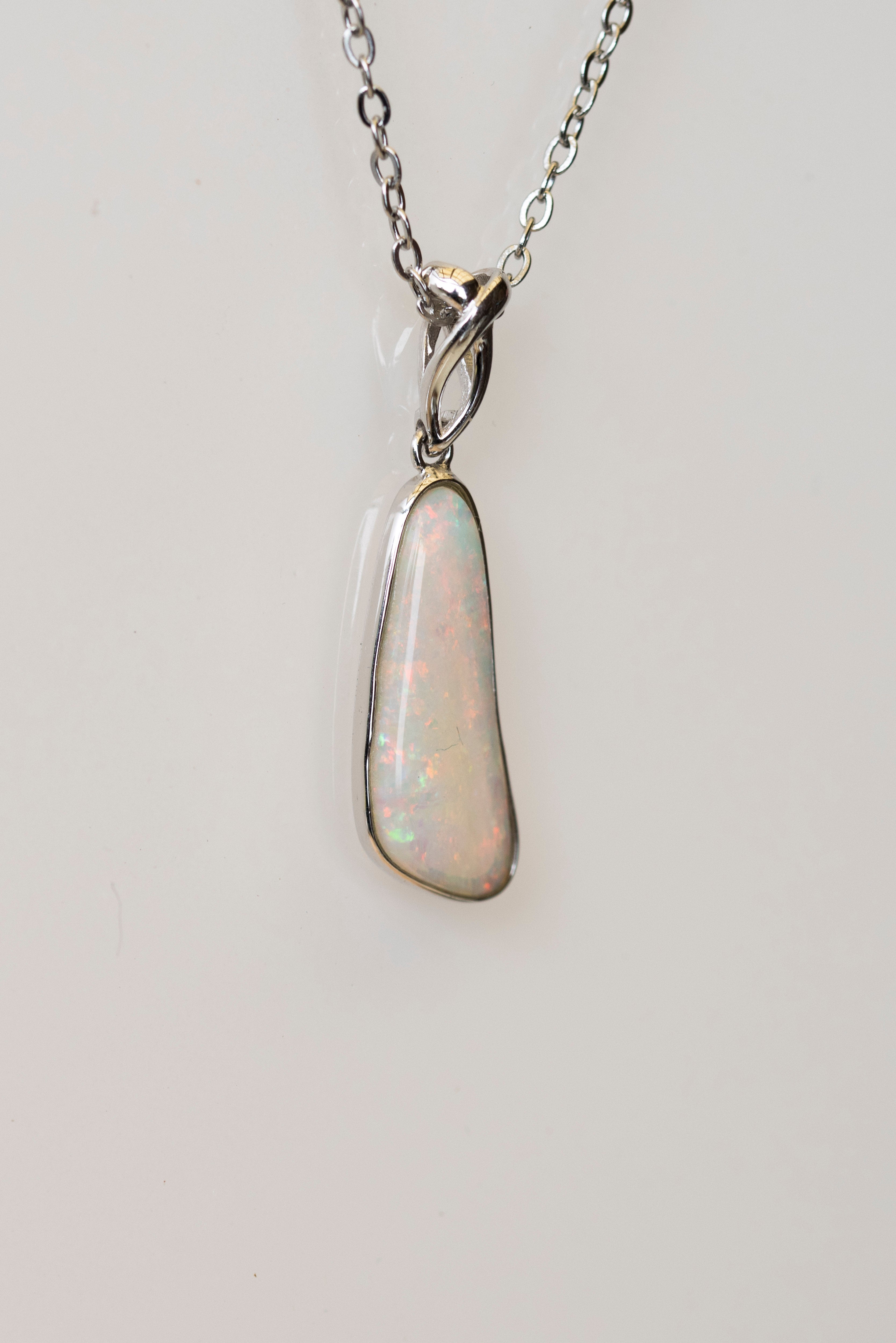 Australian Crystal Opal - Genuine Authentic Multi Color Fire Opal Necklace -  Solid Opal Gem Stone Pendant in Sterling Silver White Gold Plated