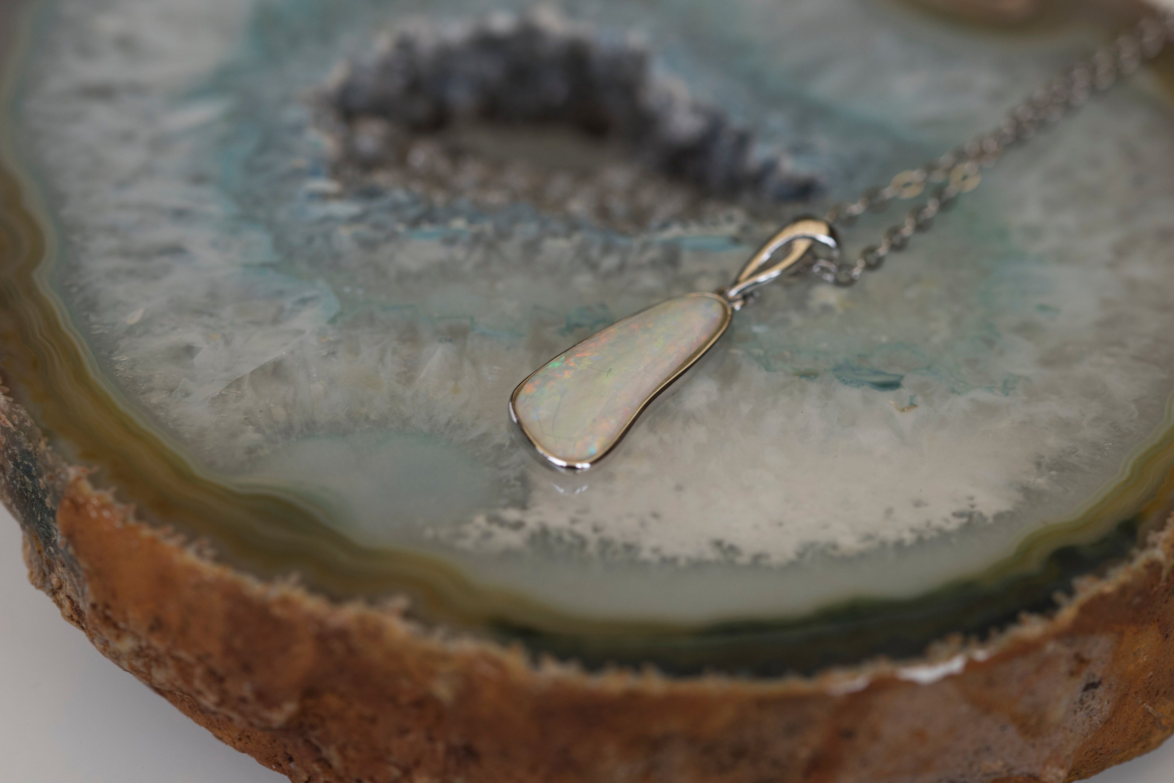 Australian Crystal Opal - Genuine Authentic Multi Color Fire Opal Necklace -  Solid Opal Gem Stone Pendant in Sterling Silver White Gold Plated