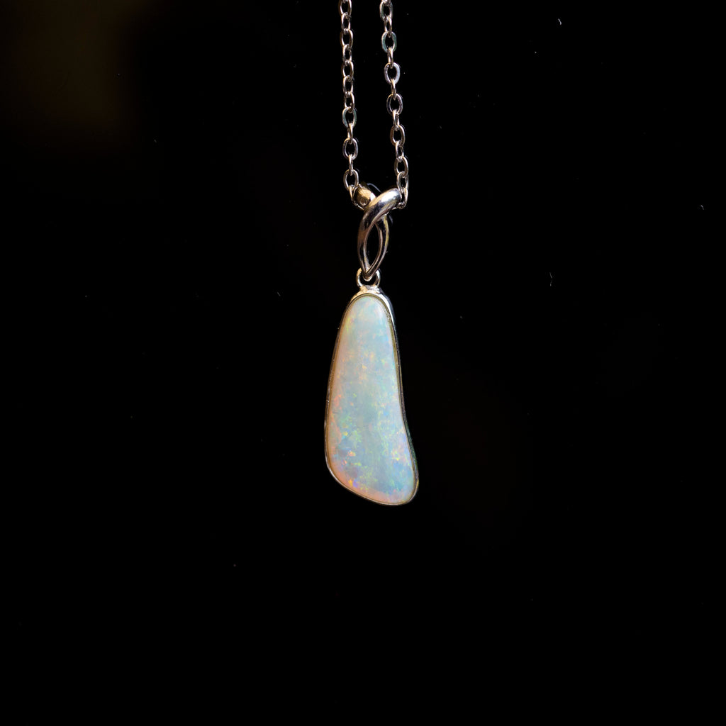 Australian Crystal Opal - Genuine Authentic Multi Color Fire Opal Necklace -  Solid Opal Gem Stone Pendant in Sterling Silver White Gold Plated