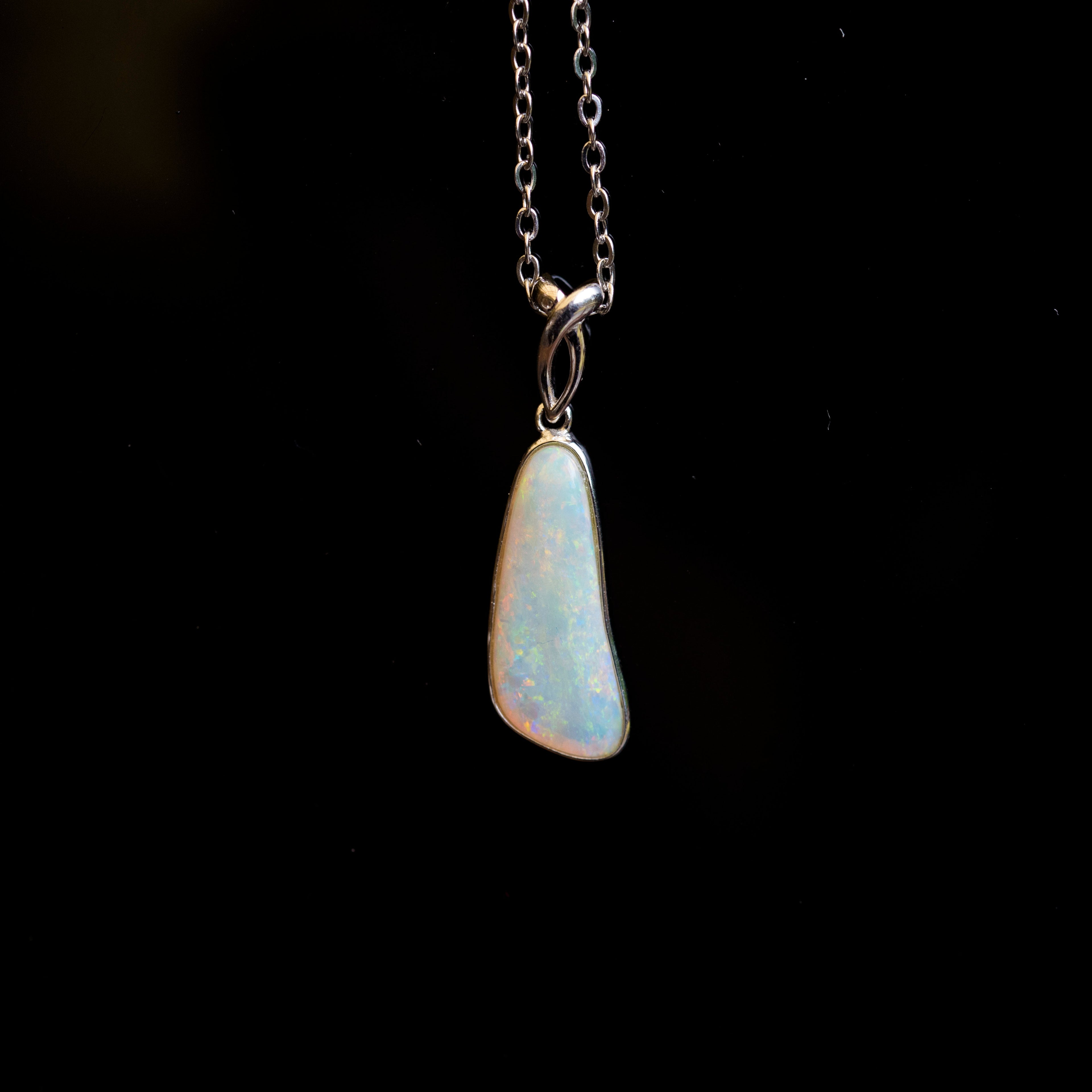 Australian Crystal Opal - Genuine Authentic Multi Color Fire Opal Necklace -  Solid Opal Gem Stone Pendant in Sterling Silver White Gold Plated