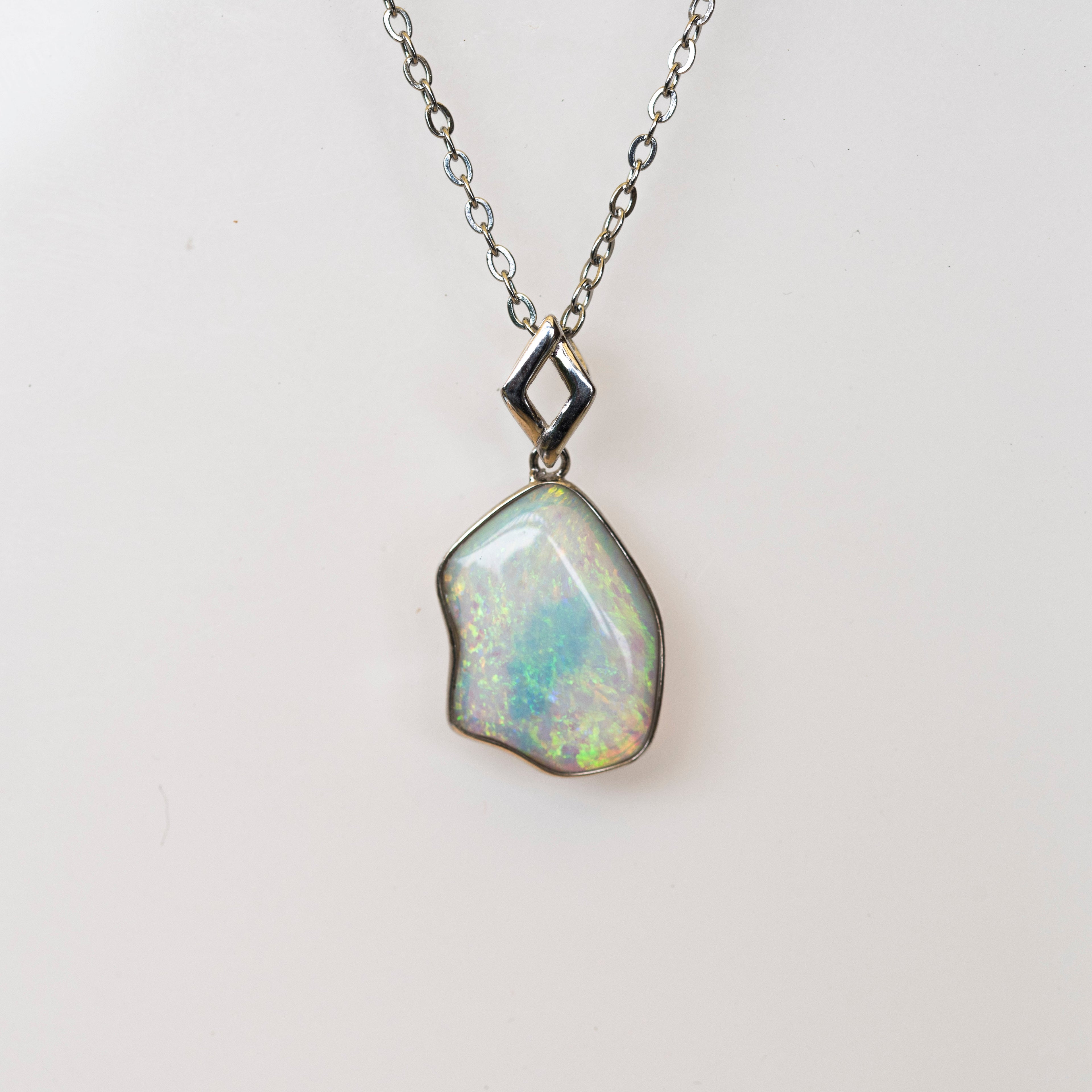 Natural Australian Crystal Opal - Locally Handmade Genuine Authentic Multi Color Fire Opal Necklace - Solid Opal Gem Stone Pendant in Sterling Silver White Gold Plated