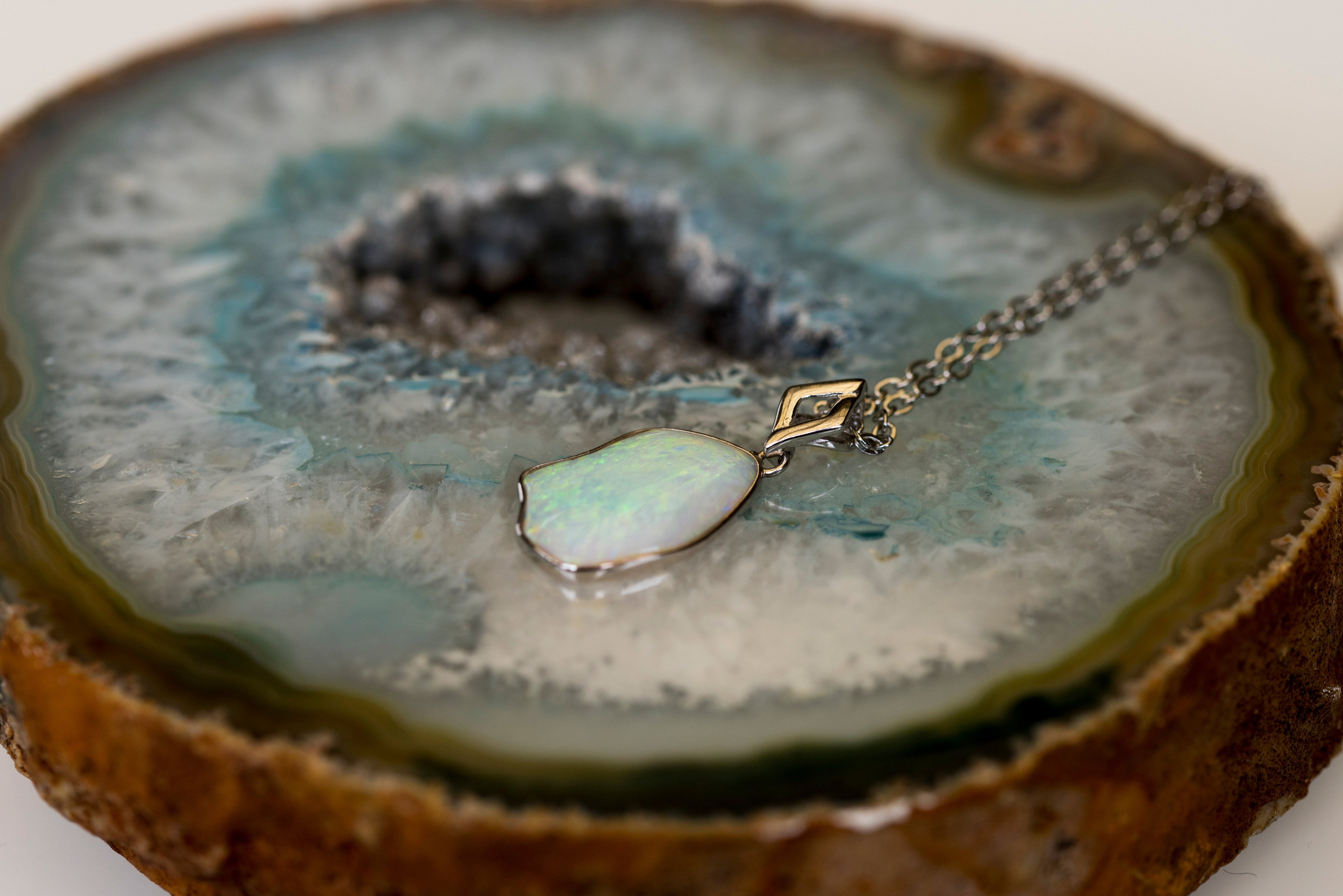 Natural Australian Crystal Opal - Locally Handmade Genuine Authentic Multi Color Fire Opal Necklace - Solid Opal Gem Stone Pendant in Sterling Silver White Gold Plated