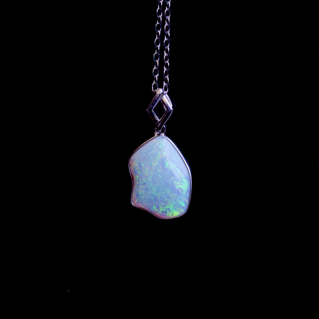 Natural Australian Crystal Opal - Locally Handmade Genuine Authentic Multi Color Fire Opal Necklace - Solid Opal Gem Stone Pendant in Sterling Silver White Gold Plated