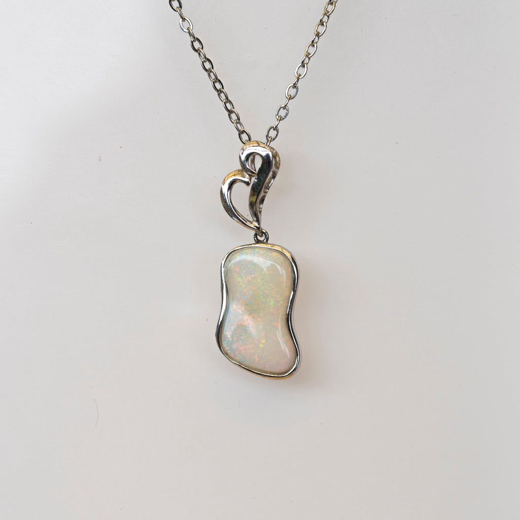Australian Locally Made Crystal Opal Pendant - Genuine Authentic Multi Color Fire Opal Necklace - Solid Opal Gem Stone Pendant in Sterling Silver White Gold Plated