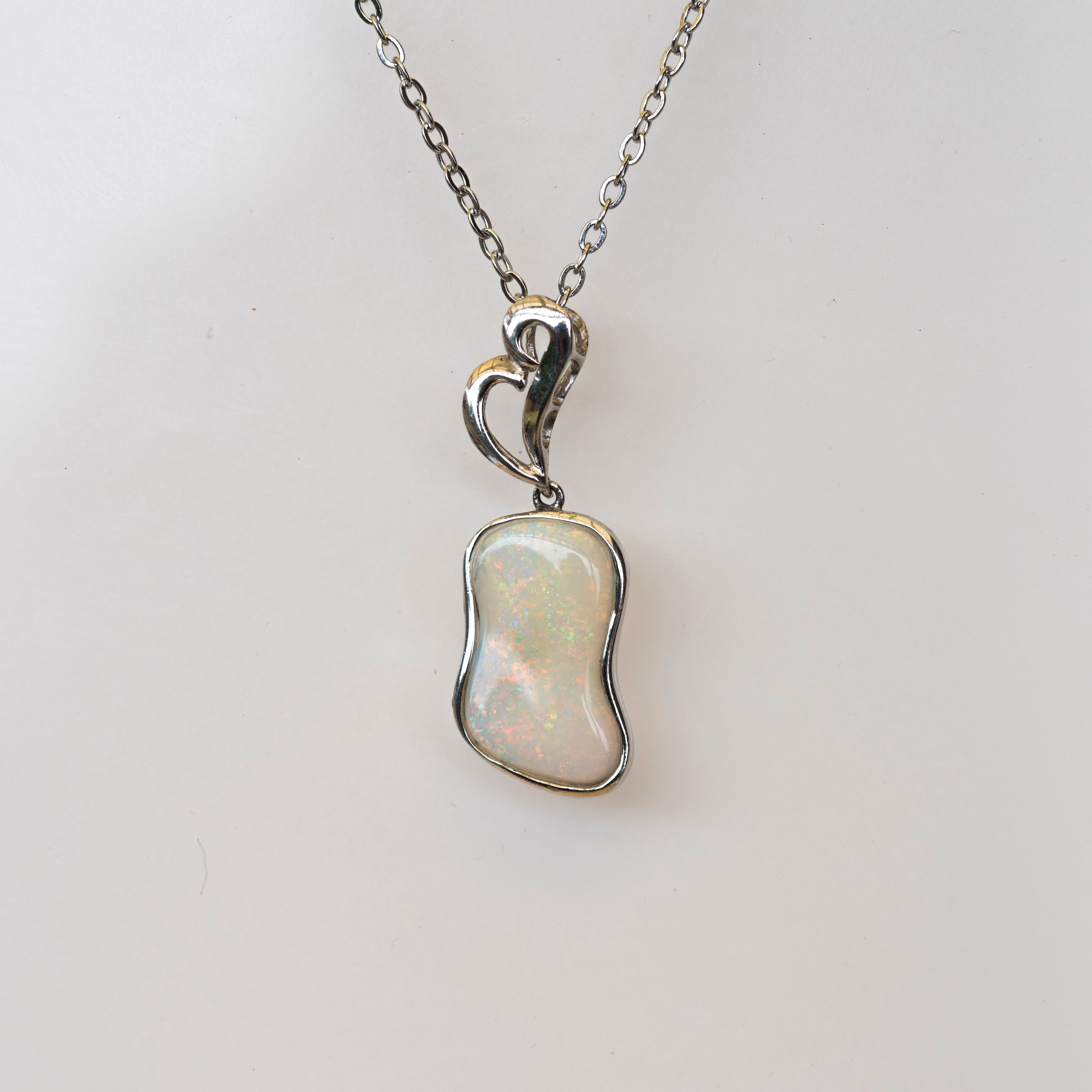 Australian Locally Made Crystal Opal Pendant - Genuine Authentic Multi Color Fire Opal Necklace - Solid Opal Gem Stone Pendant in Sterling Silver White Gold Plated