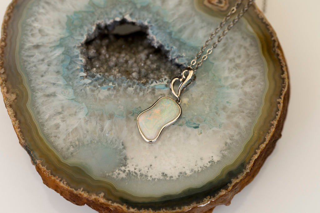 Australian Locally Made Crystal Opal Pendant - Genuine Authentic Multi Color Fire Opal Necklace - Solid Opal Gem Stone Pendant in Sterling Silver White Gold Plated