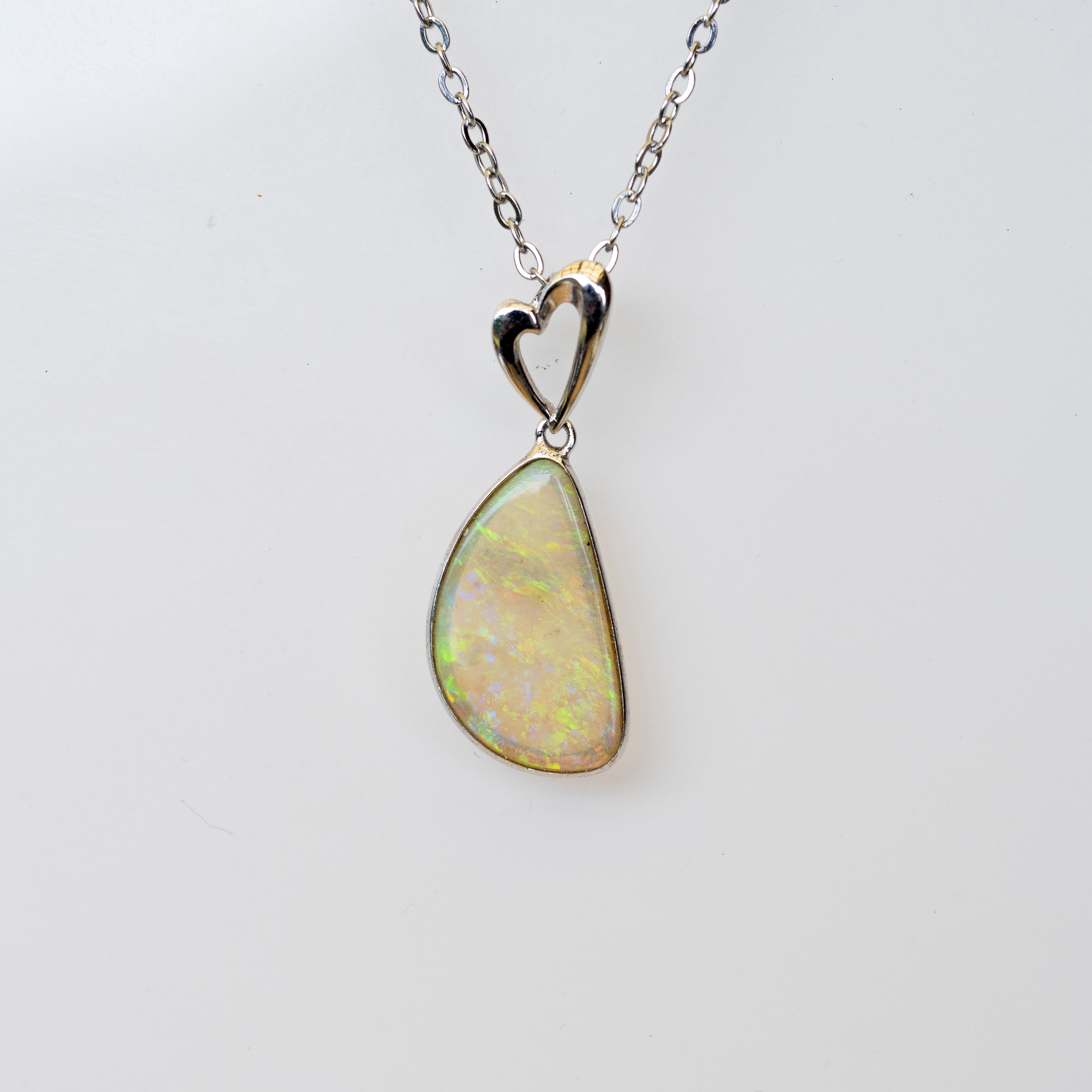 Australian Crystal Opal - Genuine Authentic Multi Color Fire Opal Necklace - Natural Solid Opal Gem Stone Pendant in Sterling Silver White Gold Plated