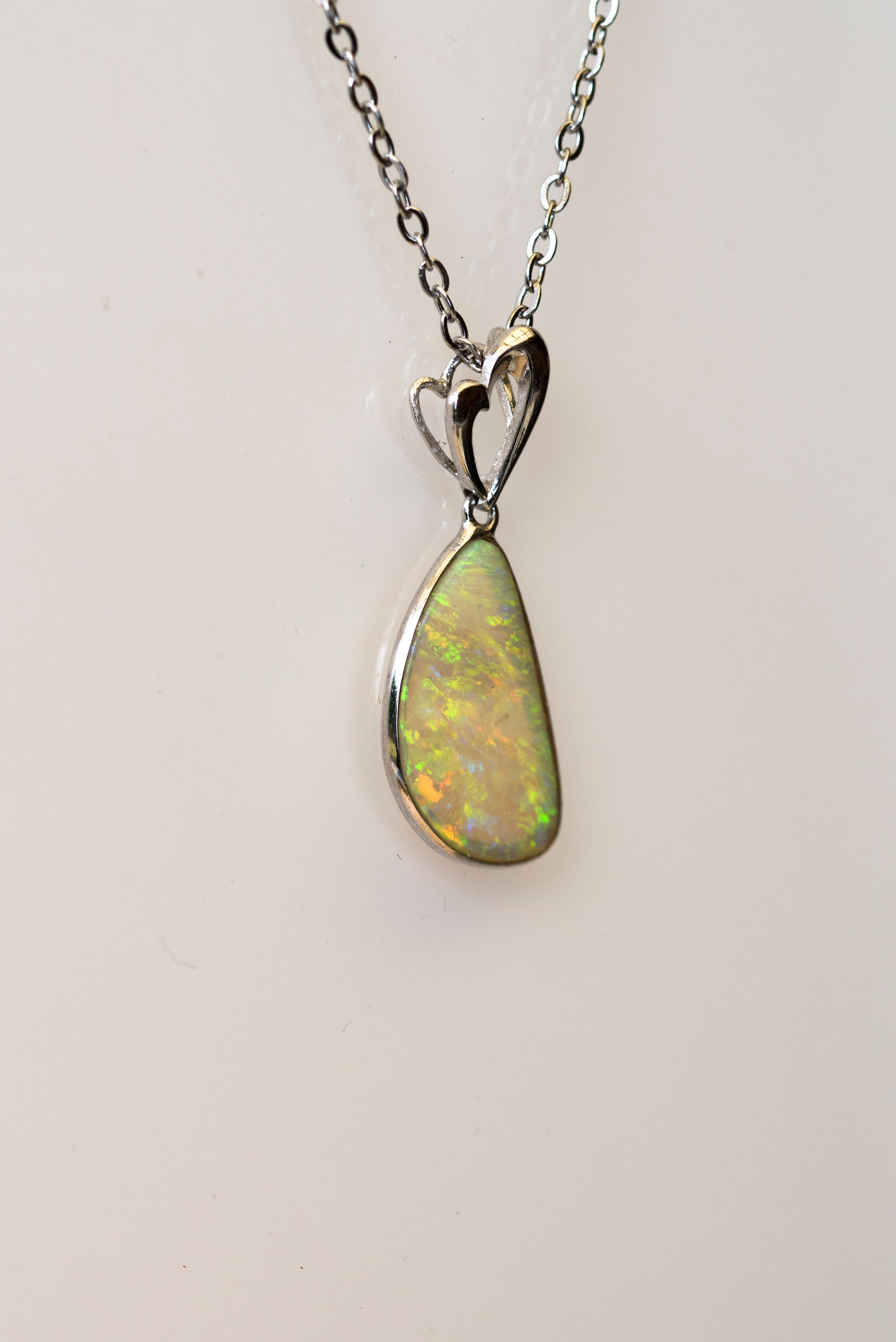 Australian Crystal Opal - Genuine Authentic Multi Color Fire Opal Necklace - Natural Solid Opal Gem Stone Pendant in Sterling Silver White Gold Plated