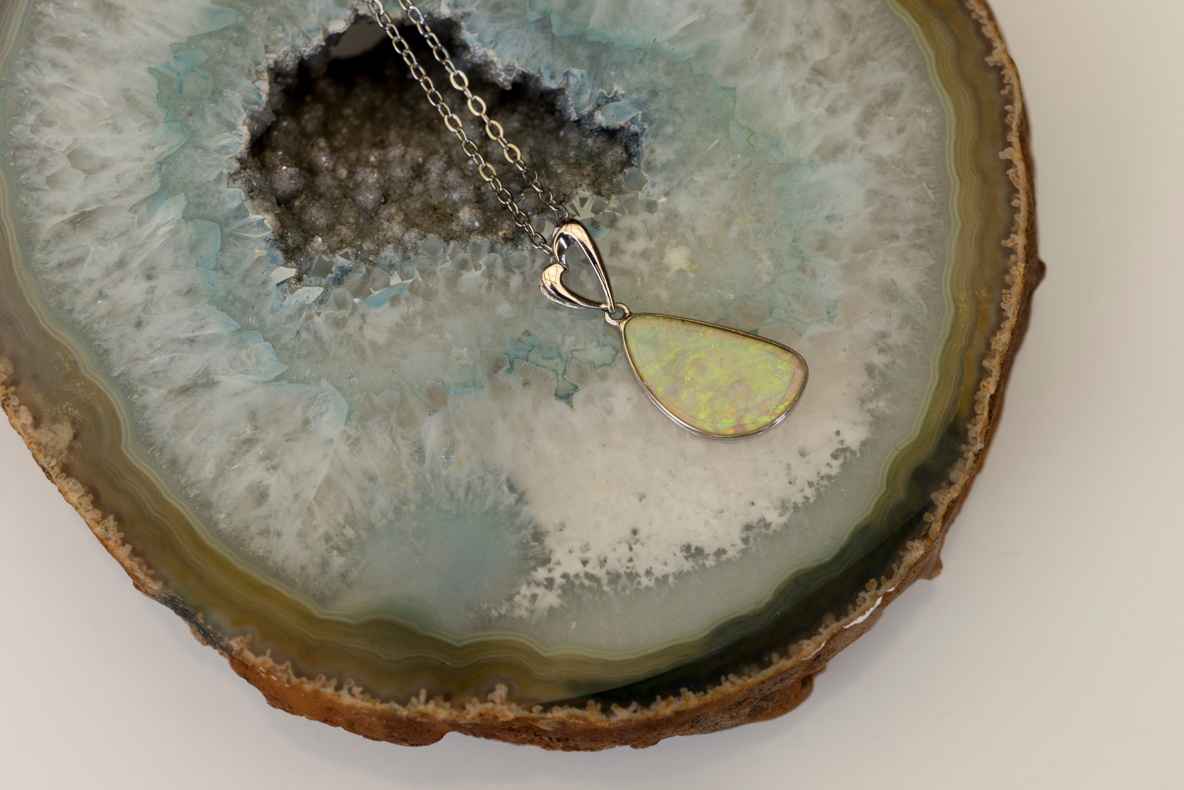 Australian Crystal Opal - Genuine Authentic Multi Color Fire Opal Necklace - Natural Solid Opal Gem Stone Pendant in Sterling Silver White Gold Plated