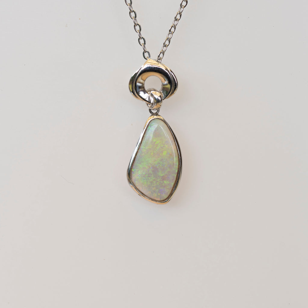 Australian Crystal Opal - Genuine Authentic Multi Color Fire Opal Necklace - Solid Opal Gem Stone Pendant in Sterling Silver White Gold Plated