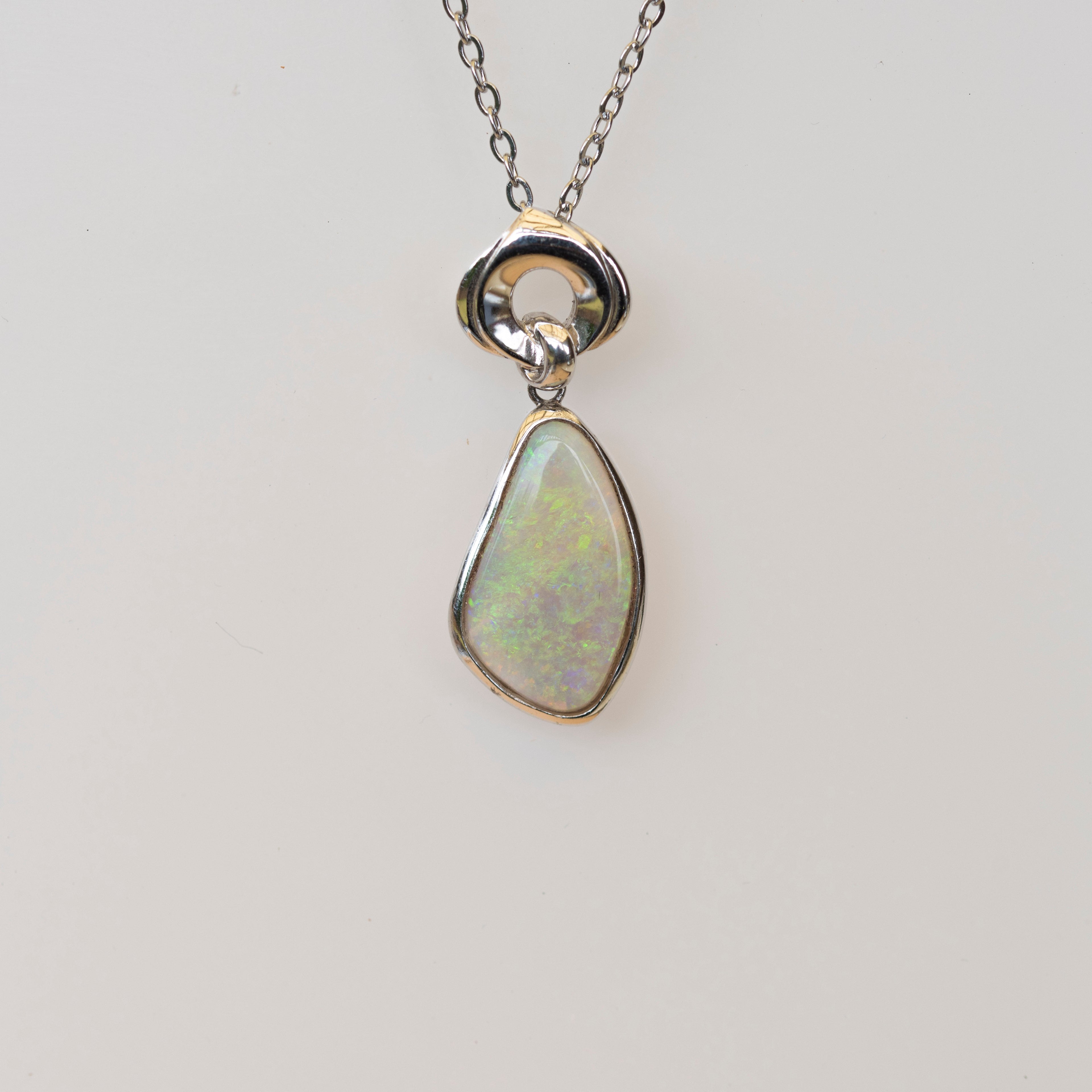 Australian Crystal Opal - Genuine Authentic Multi Color Fire Opal Necklace - Solid Opal Gem Stone Pendant in Sterling Silver White Gold Plated