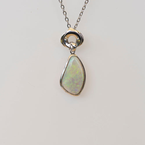Australian Crystal Opal - Genuine Authentic Multi Color Fire Opal Necklace - Solid Opal Gem Stone Pendant in Sterling Silver White Gold Plated