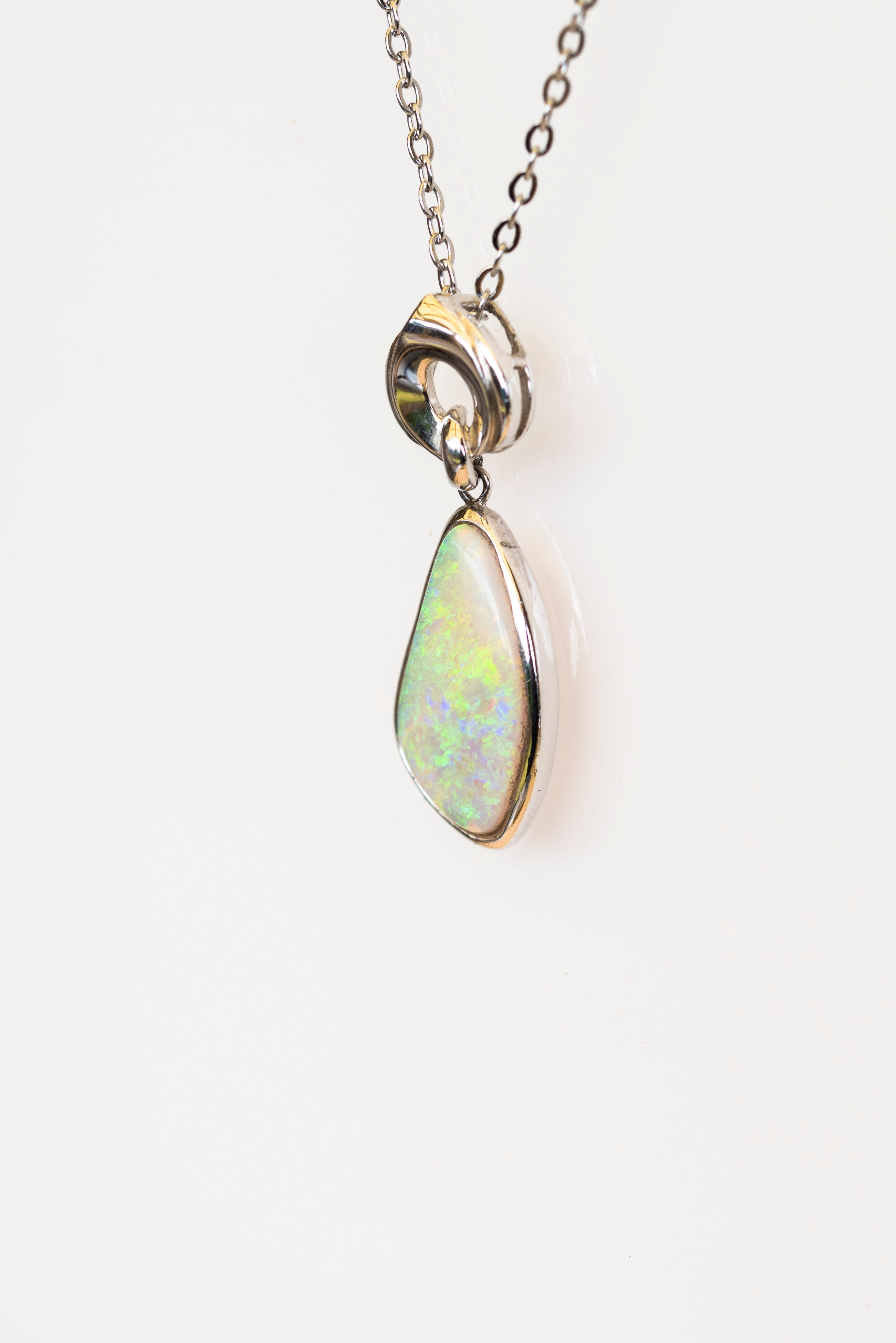 Australian Crystal Opal - Genuine Authentic Multi Color Fire Opal Necklace - Solid Opal Gem Stone Pendant in Sterling Silver White Gold Plated