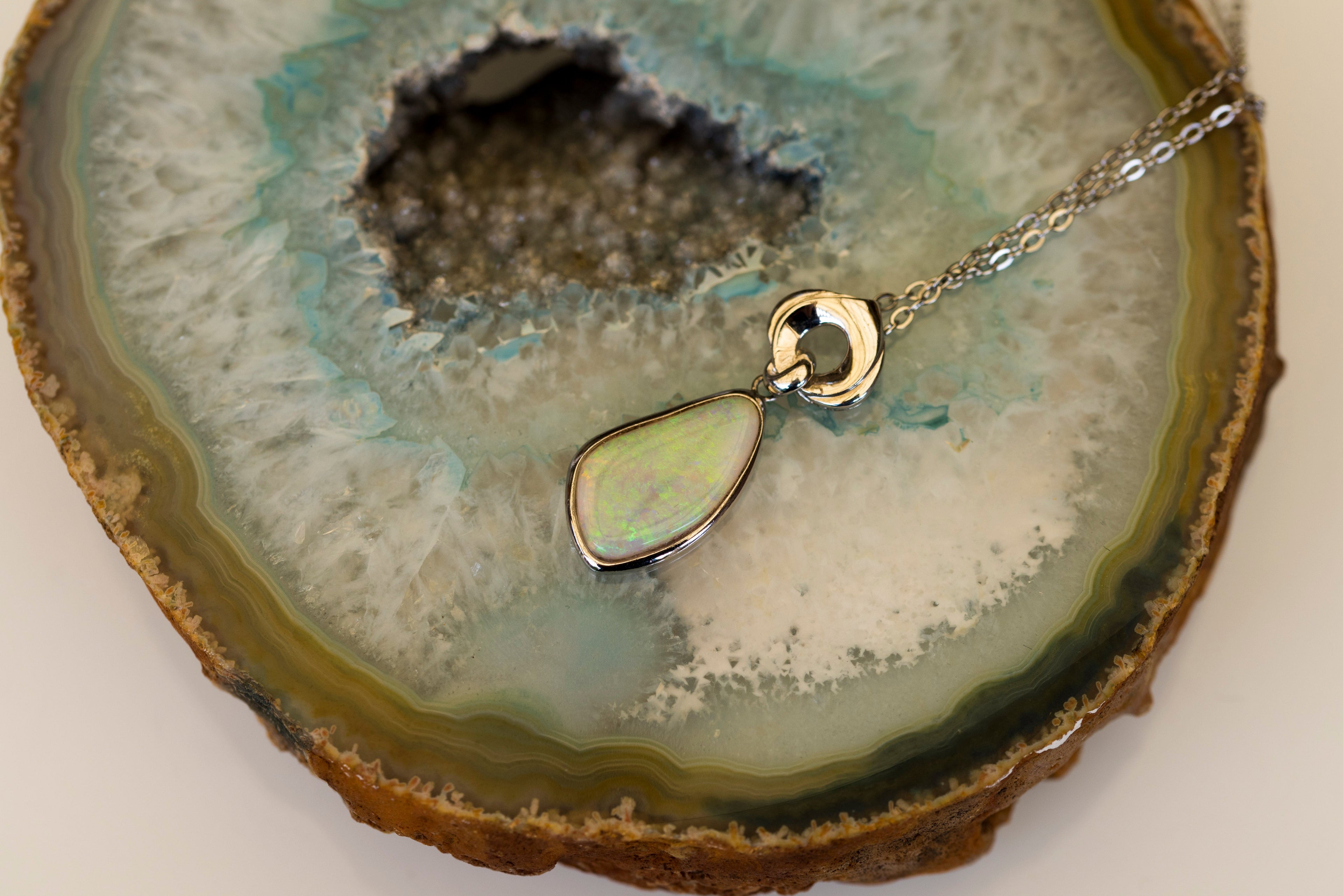 Australian Crystal Opal - Genuine Authentic Multi Color Fire Opal Necklace - Solid Opal Gem Stone Pendant in Sterling Silver White Gold Plated