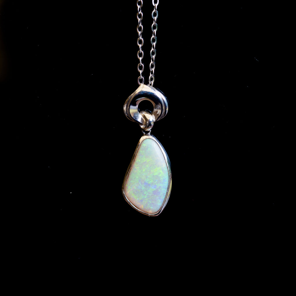 Australian Crystal Opal - Genuine Authentic Multi Color Fire Opal Necklace - Solid Opal Gem Stone Pendant in Sterling Silver White Gold Plated