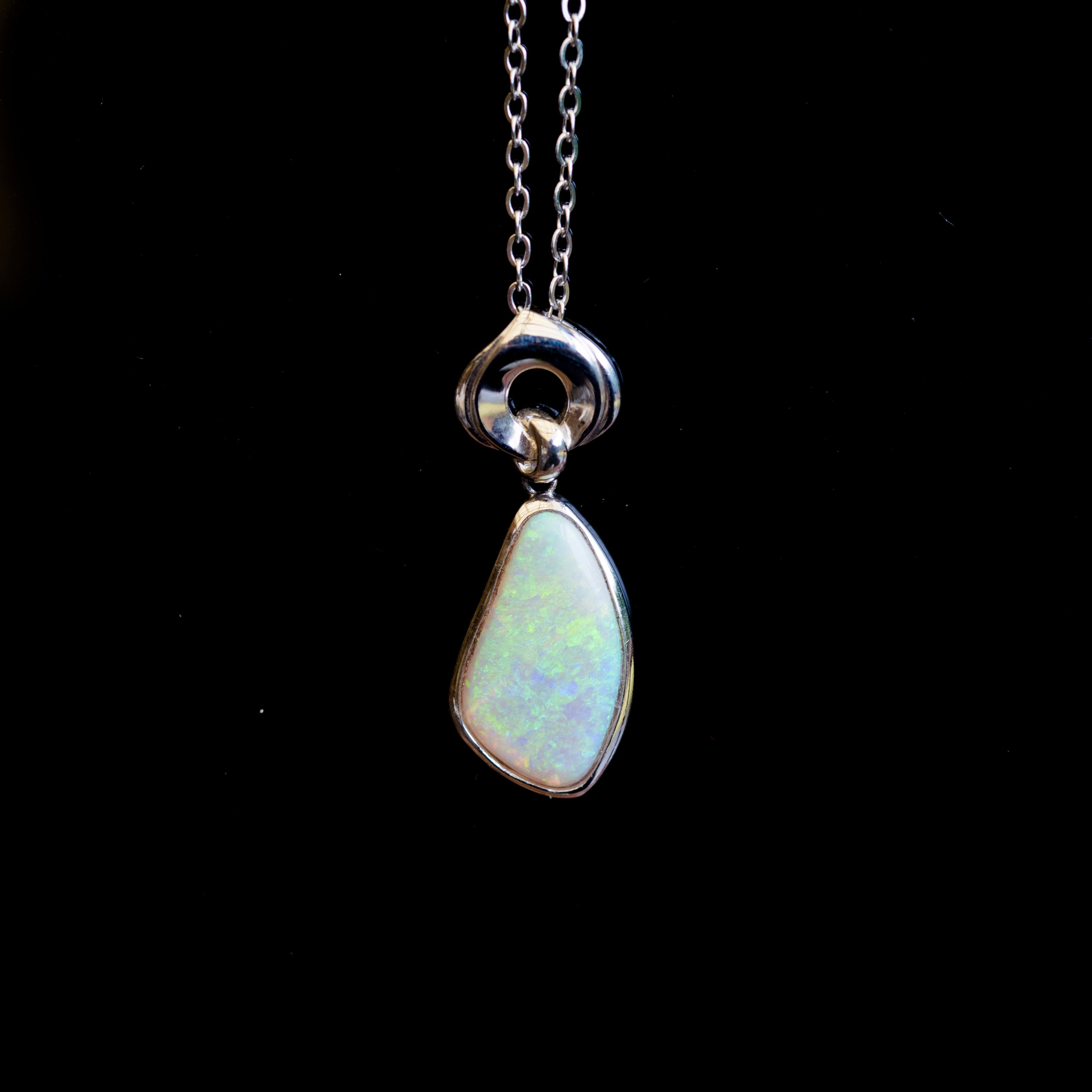 Australian Crystal Opal - Genuine Authentic Multi Color Fire Opal Necklace - Solid Opal Gem Stone Pendant in Sterling Silver White Gold Plated