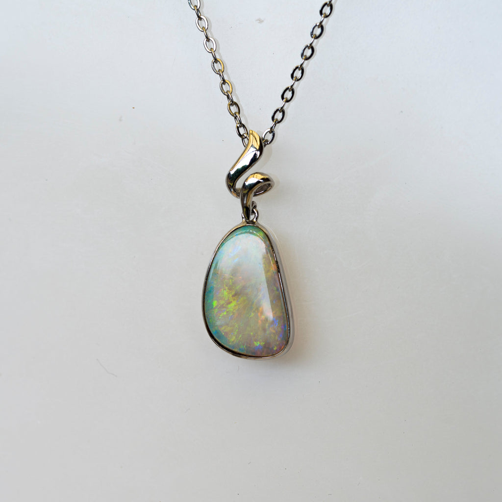 Australian Crystal Opal - Genuine Natural Multi Color Fire Opal Necklace - Solid Opal Gem Stone Pendant in Sterling Silver White Gold Plated