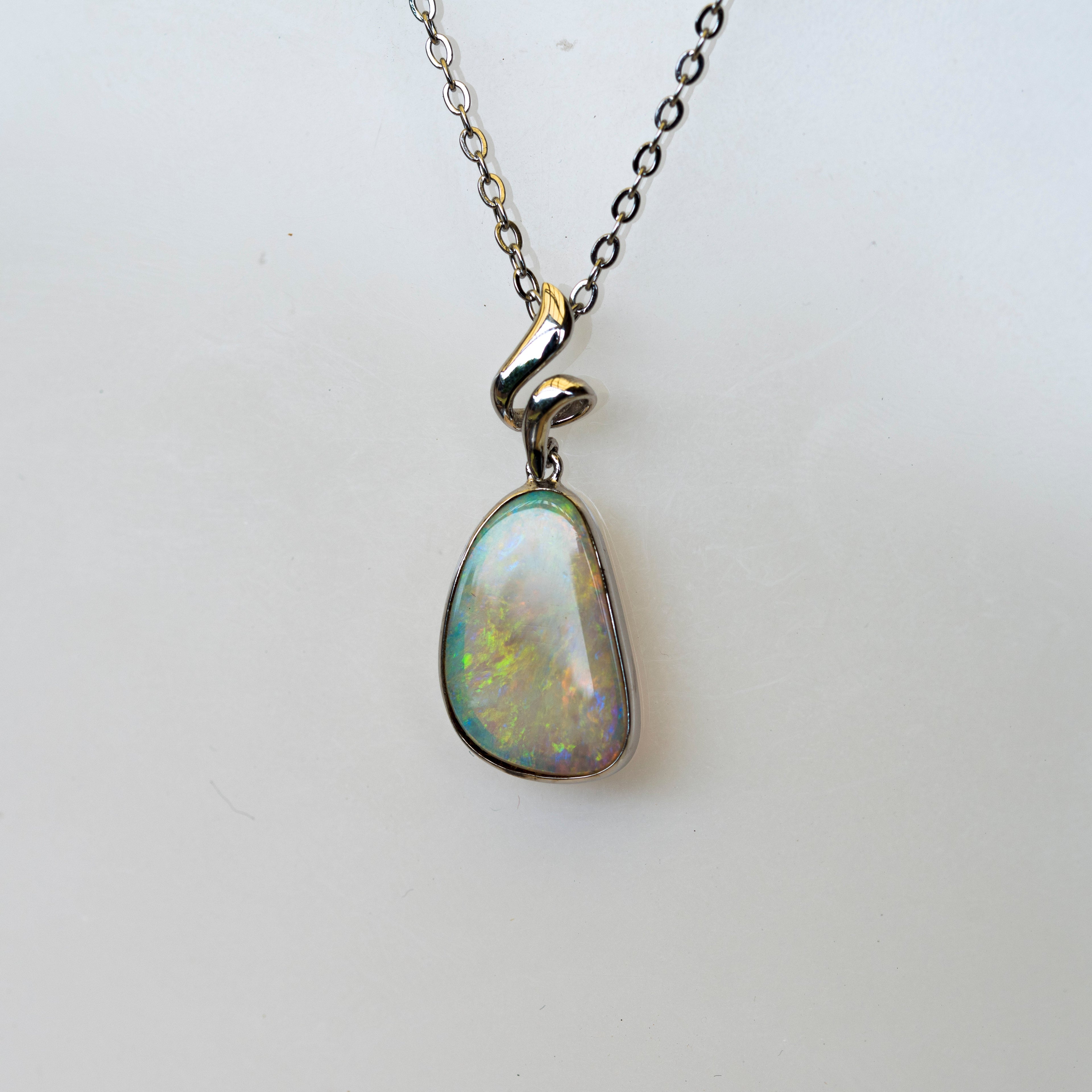 Australian Crystal Opal - Genuine Natural Multi Color Fire Opal Necklace - Solid Opal Gem Stone Pendant in Sterling Silver White Gold Plated