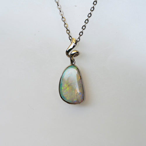 Australian Crystal Opal - Genuine Natural Multi Color Fire Opal Necklace - Solid Opal Gem Stone Pendant in Sterling Silver White Gold Plated