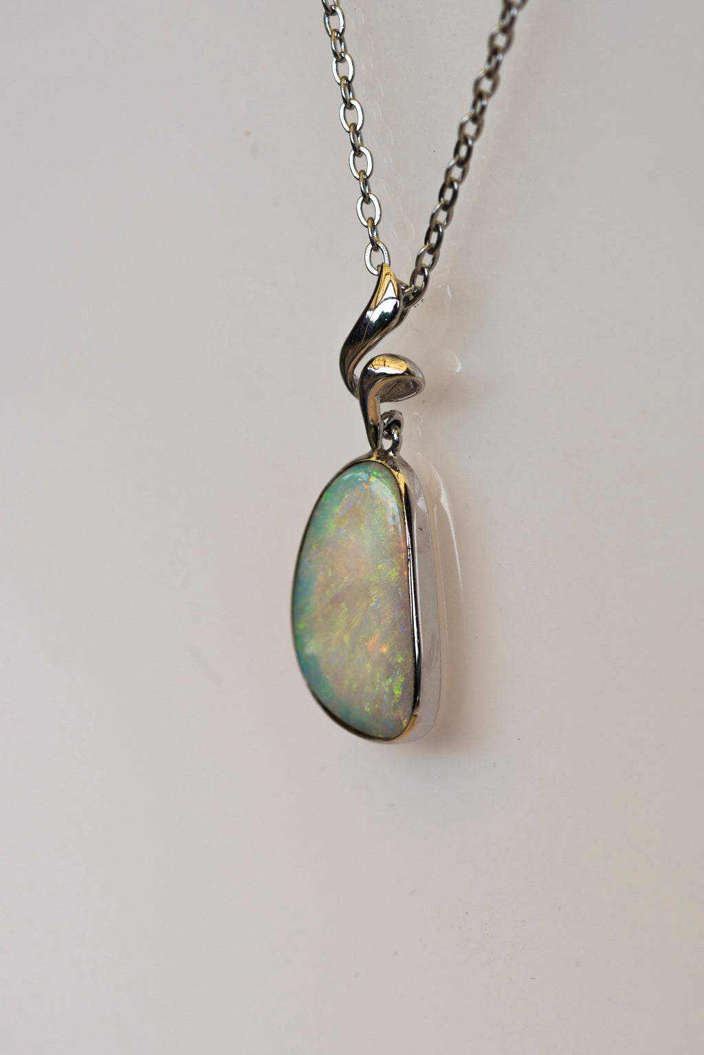 Australian Crystal Opal - Genuine Natural Multi Color Fire Opal Necklace - Solid Opal Gem Stone Pendant in Sterling Silver White Gold Plated