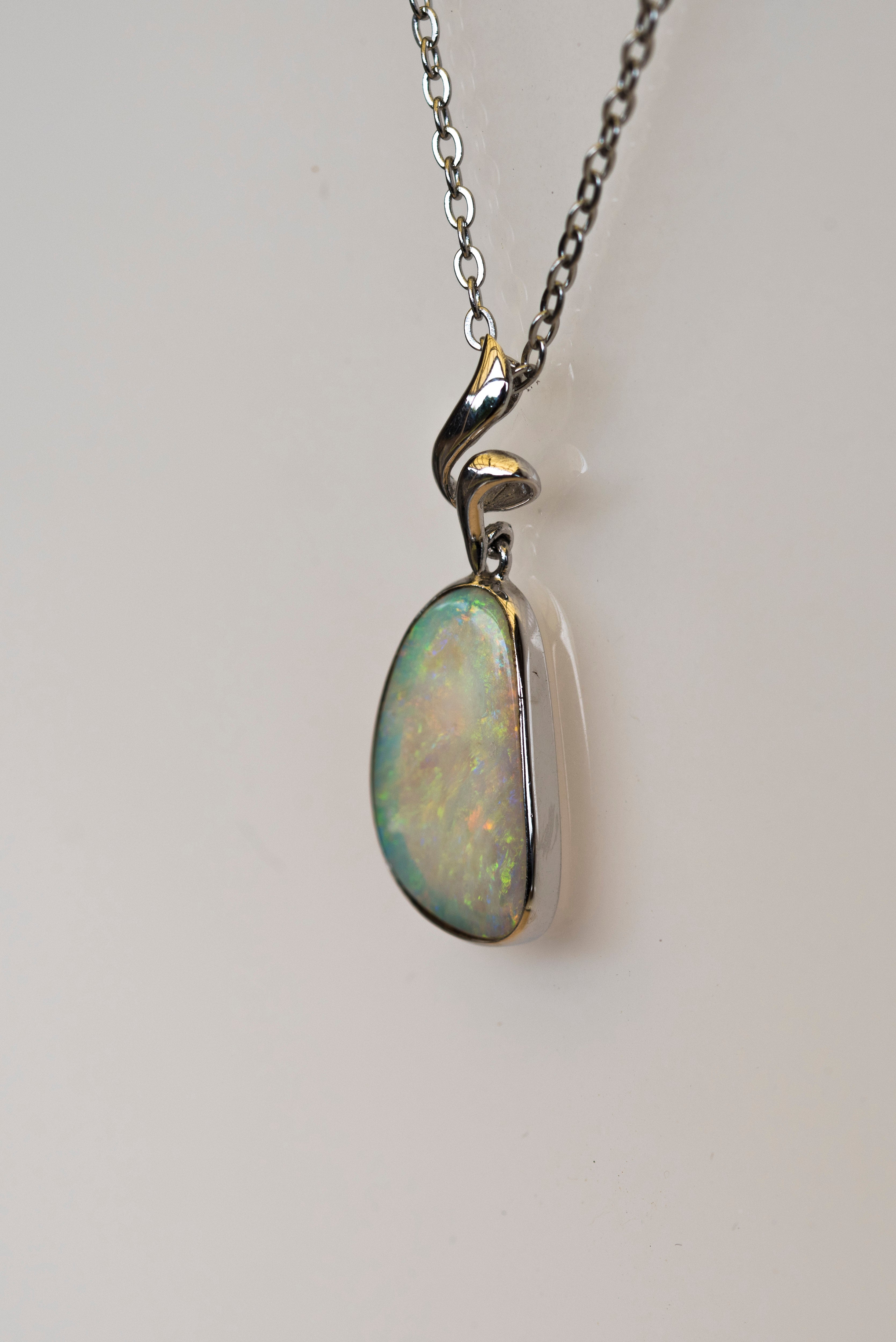 Australian Crystal Opal - Genuine Natural Multi Color Fire Opal Necklace - Solid Opal Gem Stone Pendant in Sterling Silver White Gold Plated