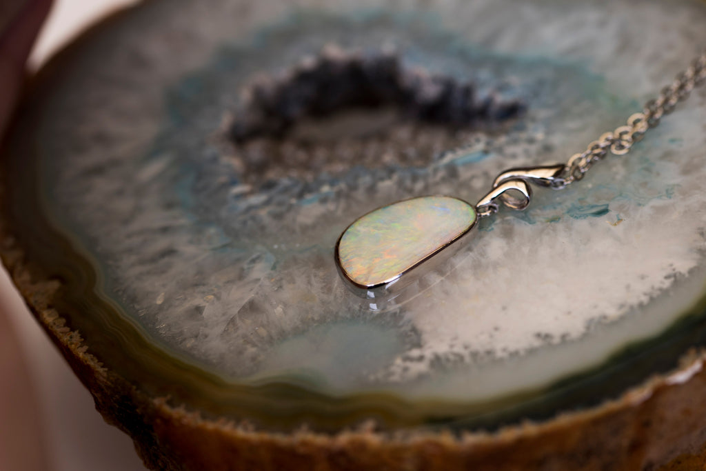 Australian Crystal Opal - Genuine Natural Multi Color Fire Opal Necklace - Solid Opal Gem Stone Pendant in Sterling Silver White Gold Plated