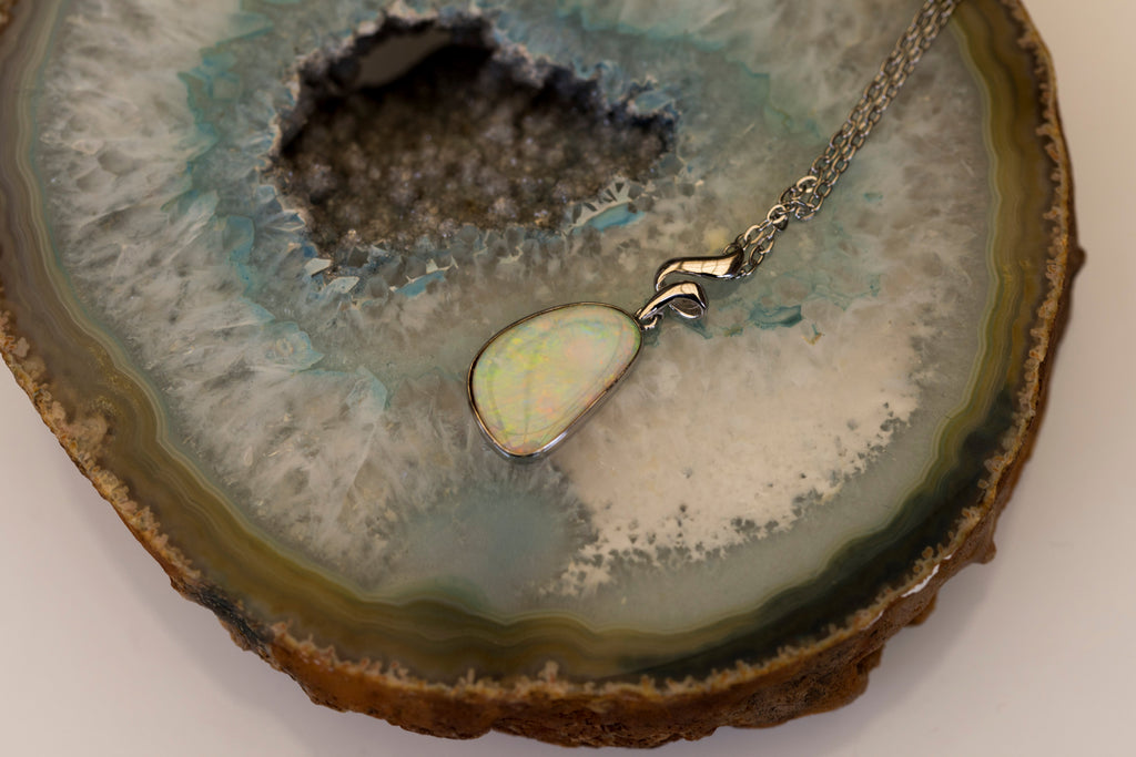 Australian Crystal Opal - Genuine Natural Multi Color Fire Opal Necklace - Solid Opal Gem Stone Pendant in Sterling Silver White Gold Plated
