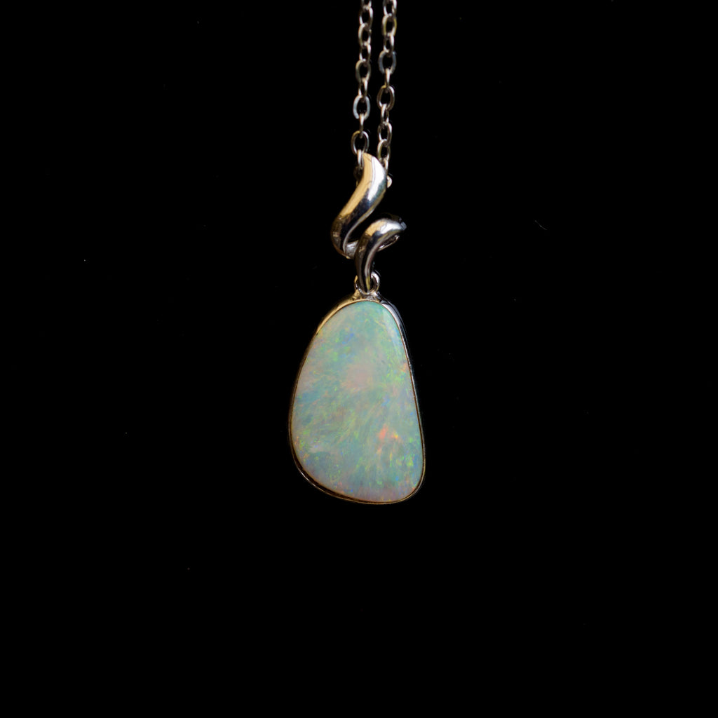 Australian Crystal Opal - Genuine Natural Multi Color Fire Opal Necklace - Solid Opal Gem Stone Pendant in Sterling Silver White Gold Plated
