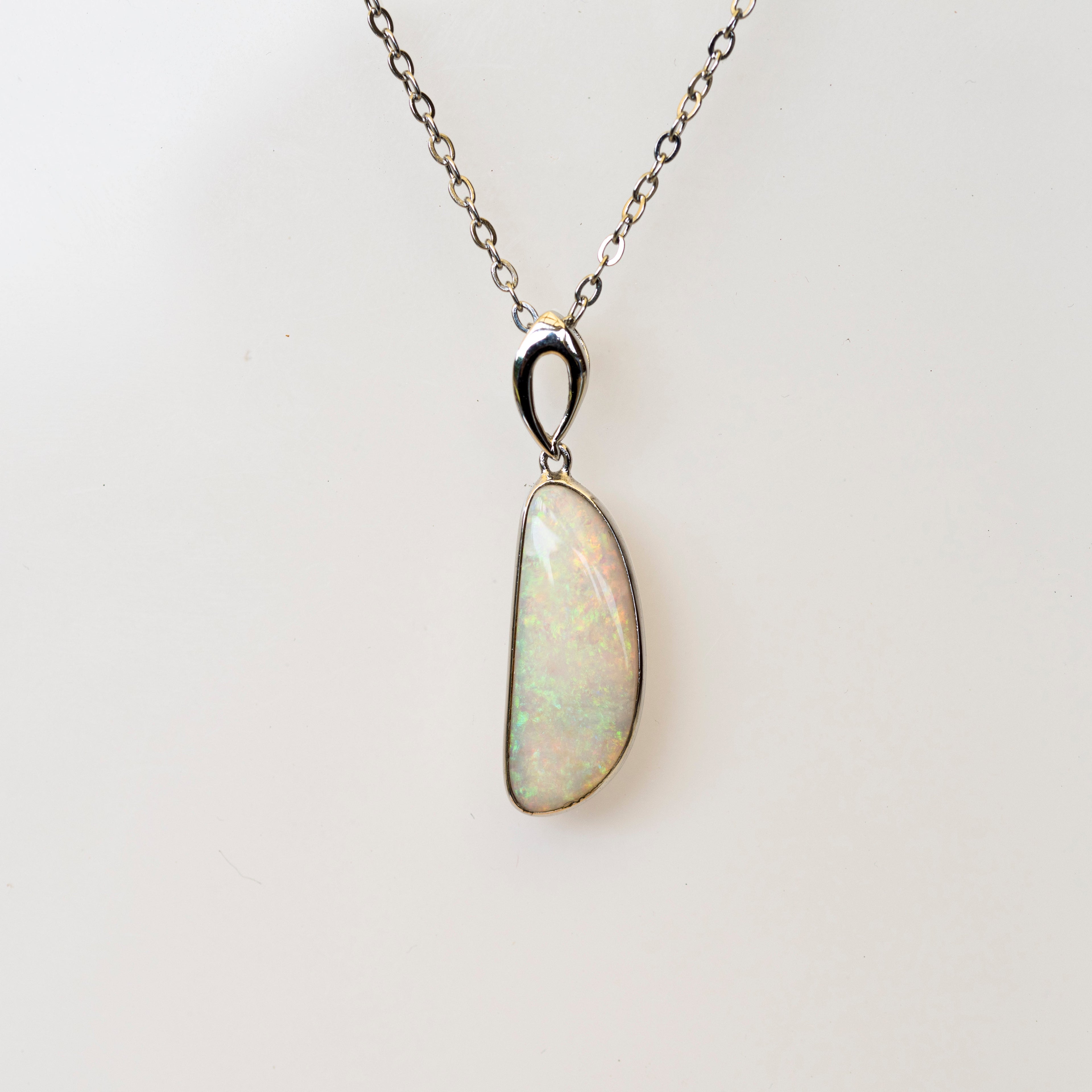 Australian White Crystal Opal - Genuine Authentic Multi Color Fire Opal Necklace -  Solid Opal Gem Stone Pendant in Sterling Silver White Gold Plated