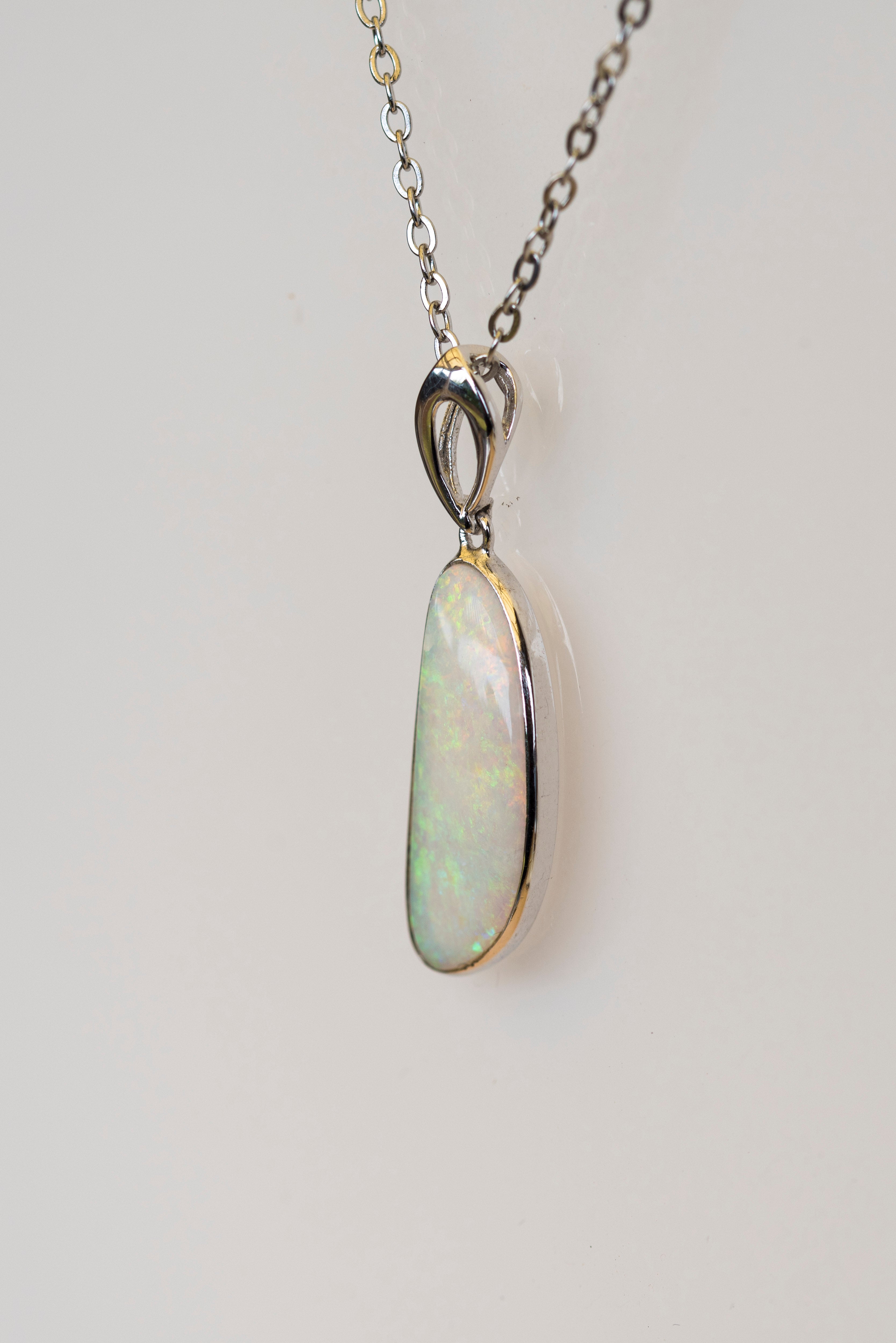 Australian White Crystal Opal - Genuine Authentic Multi Color Fire Opal Necklace -  Solid Opal Gem Stone Pendant in Sterling Silver White Gold Plated
