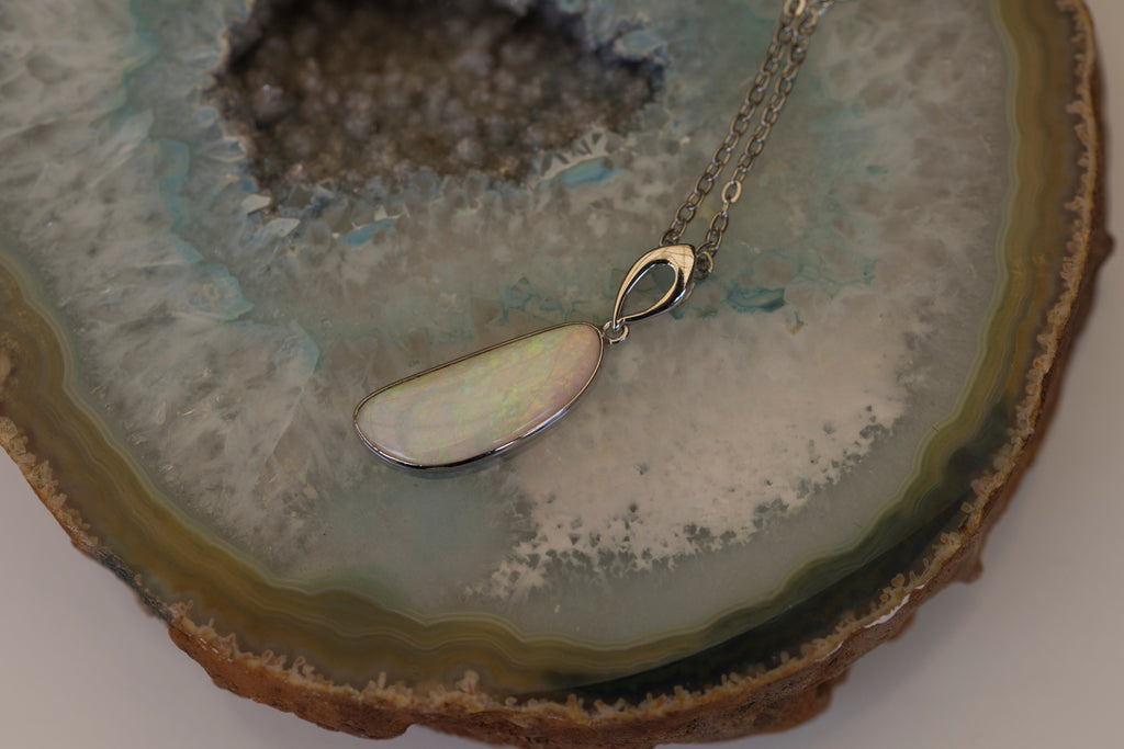 Australian White Crystal Opal - Genuine Authentic Multi Color Fire Opal Necklace -  Solid Opal Gem Stone Pendant in Sterling Silver White Gold Plated