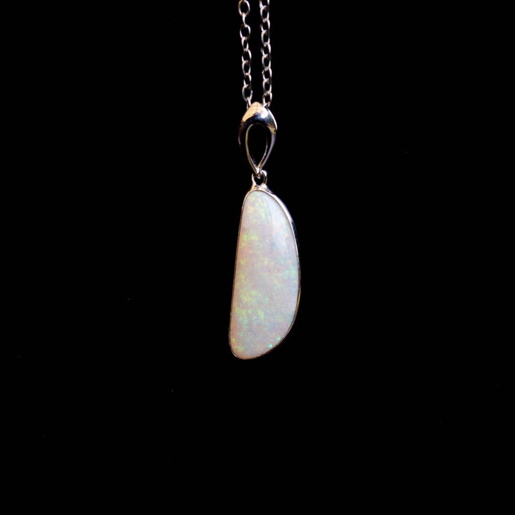 Australian White Crystal Opal - Genuine Authentic Multi Color Fire Opal Necklace -  Solid Opal Gem Stone Pendant in Sterling Silver White Gold Plated