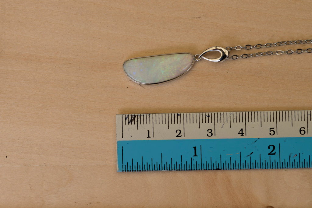 Australian White Crystal Opal - Genuine Authentic Multi Color Fire Opal Necklace -  Solid Opal Gem Stone Pendant in Sterling Silver White Gold Plated