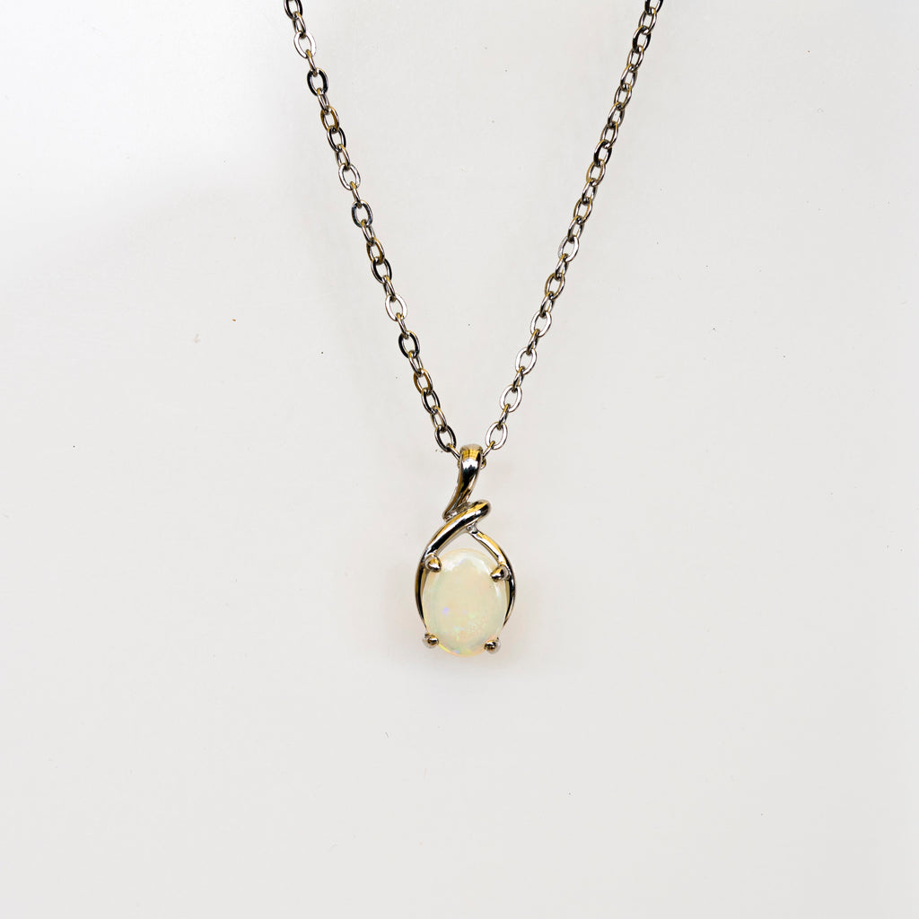 Natural Australian Solid Opal Necklace – Multi-Color White Opal Gemstone Pendant, Sterling Silver with White Gold Plating